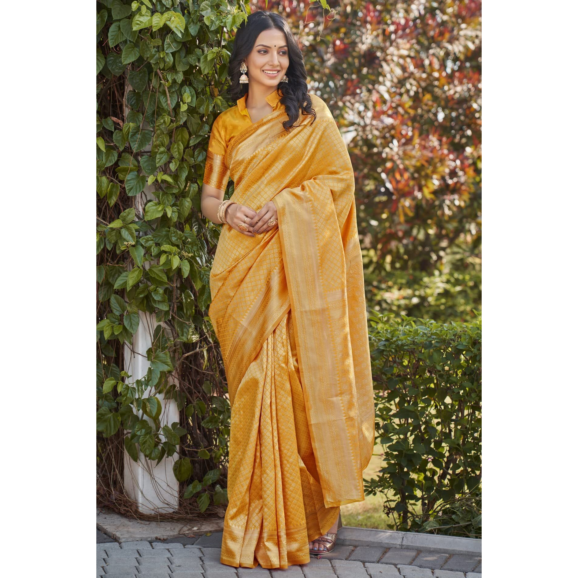 Glory Sarees Womens Banarasi Silk Saree With Blouse Piece (Banarasi_Saree134_Yellow)