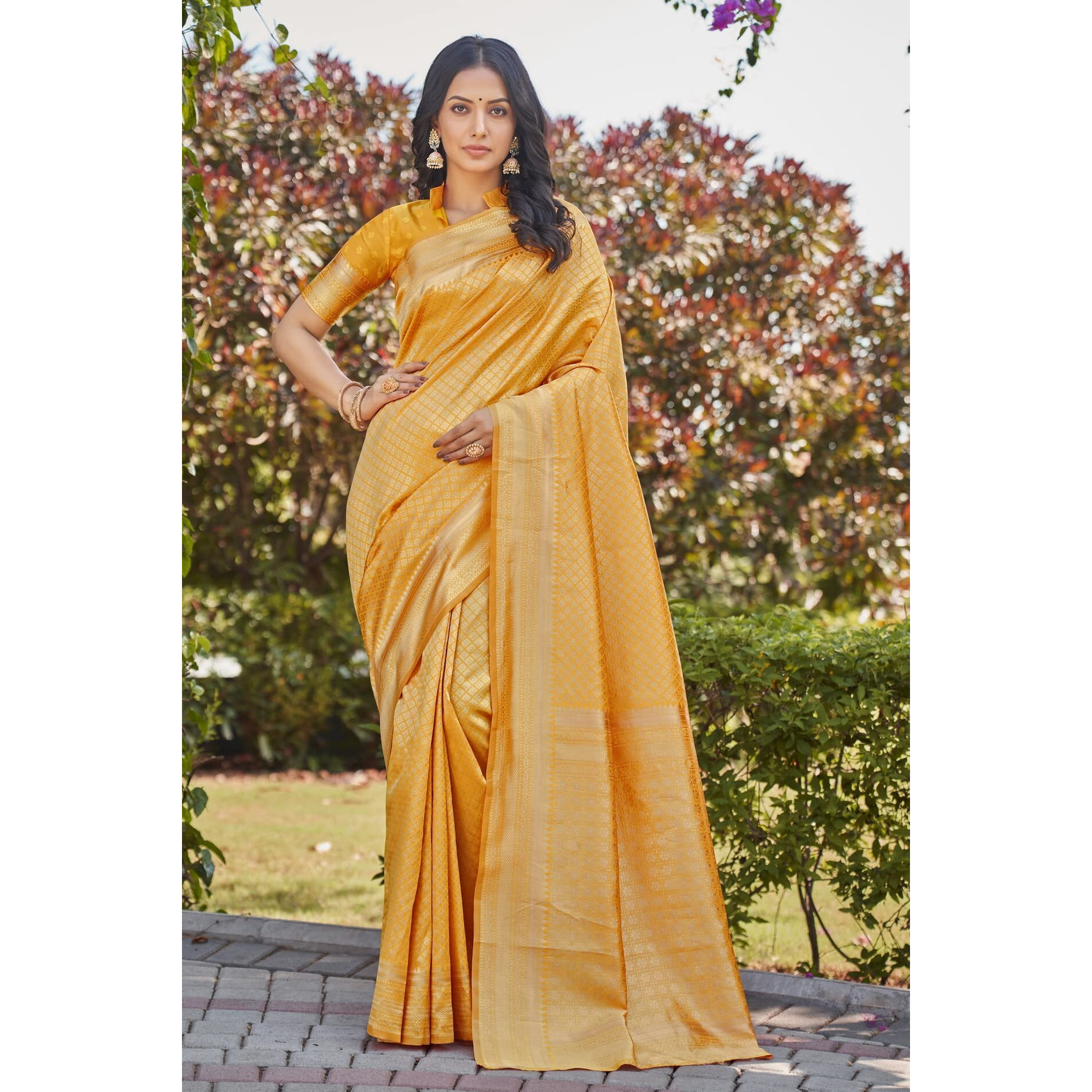 Glory Sarees Womens Banarasi Silk Saree With Blouse Piece (Banarasi_Saree134_Yellow)