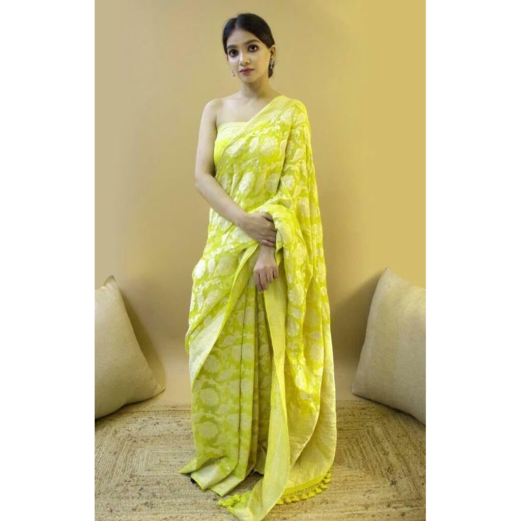 Yashika Womens Fancy Banarasi Kanjivaram Art Silk Saree with Blouse Pieces||Lemon Coloured Kanjivaram Saree|| AZ-YS-OG-CUBE LEMON