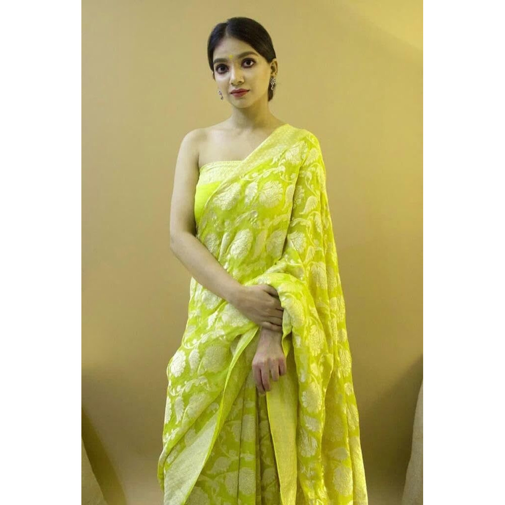 Yashika Womens Fancy Banarasi Kanjivaram Art Silk Saree with Blouse Pieces||Lemon Coloured Kanjivaram Saree|| AZ-YS-OG-CUBE LEMON