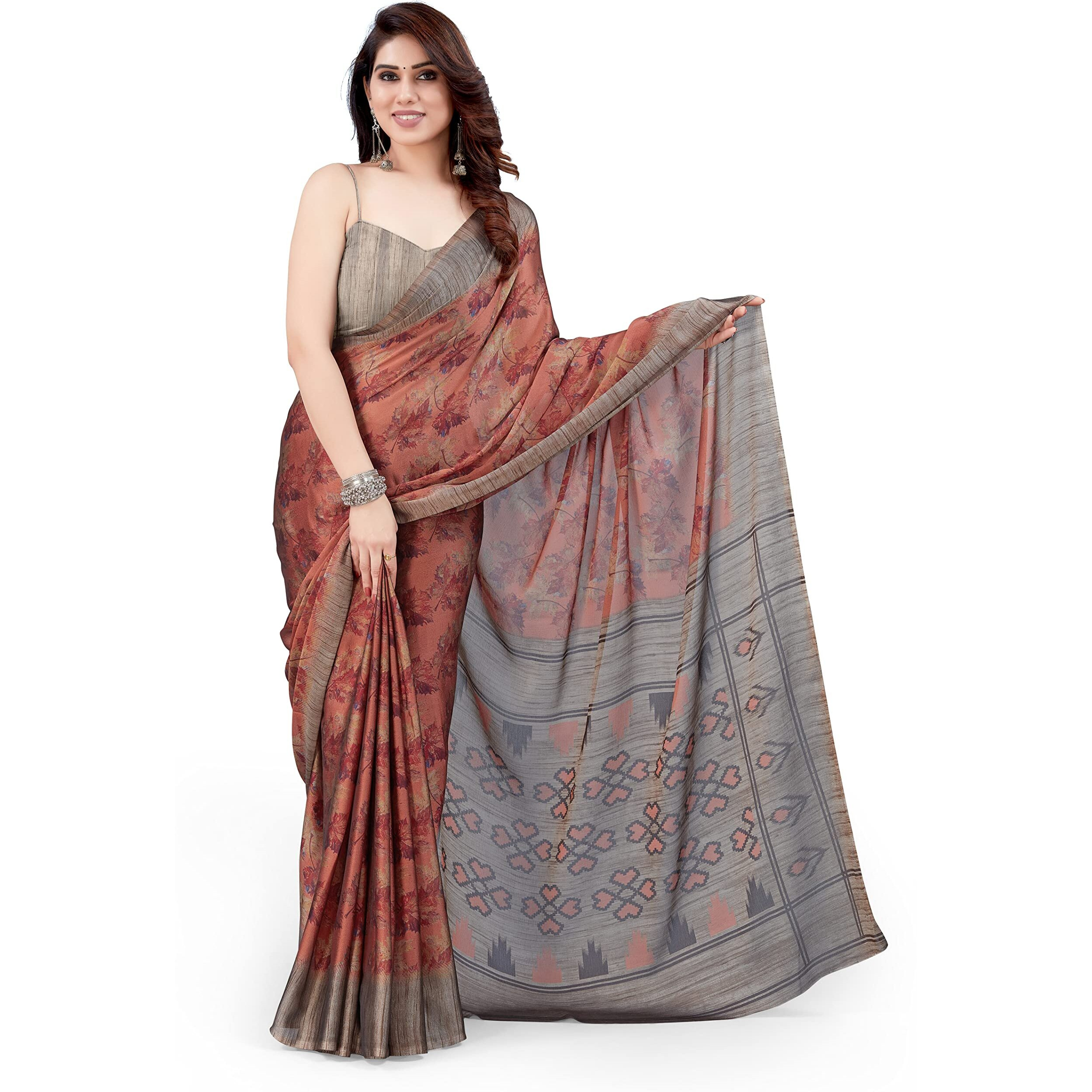 MIRCHI FASHION Womens Plain Weave Chiffon Ikkat Leaf Print Saree with Blouse Piece (38242-Crimson, Rust)