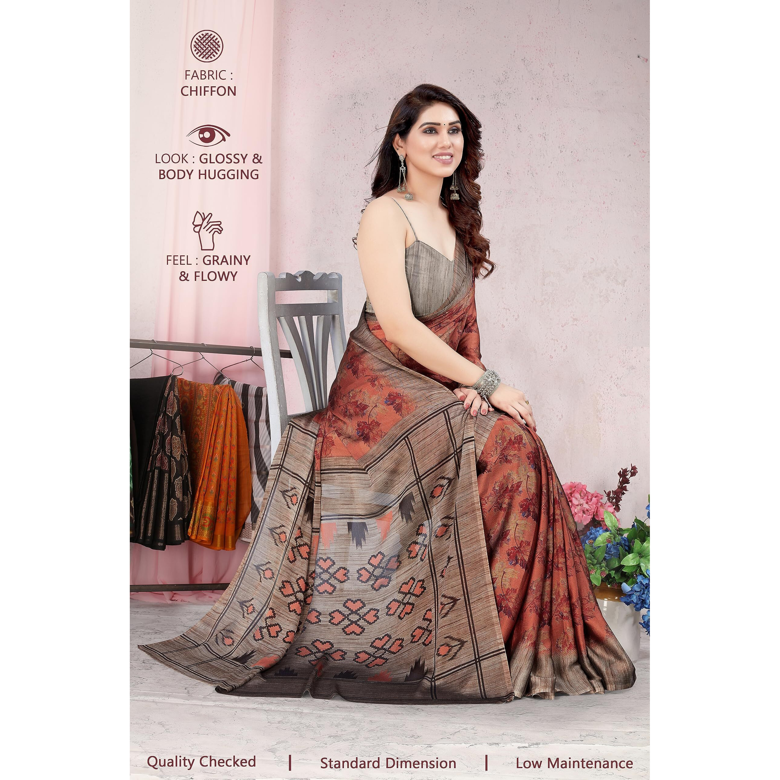 MIRCHI FASHION Womens Plain Weave Chiffon Ikkat Leaf Print Saree with Blouse Piece (38242-Crimson, Rust)