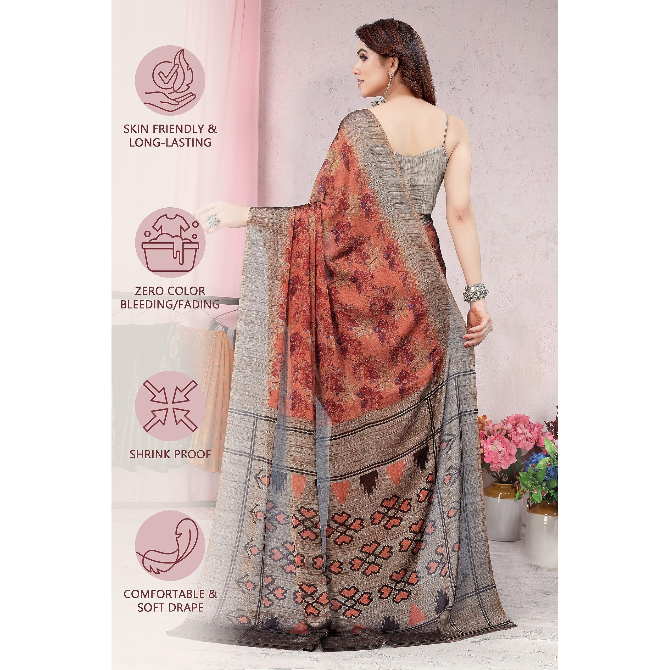 MIRCHI FASHION Womens Plain Weave Chiffon Ikkat Leaf Print Saree with Blouse Piece (38242-Crimson, Rust)