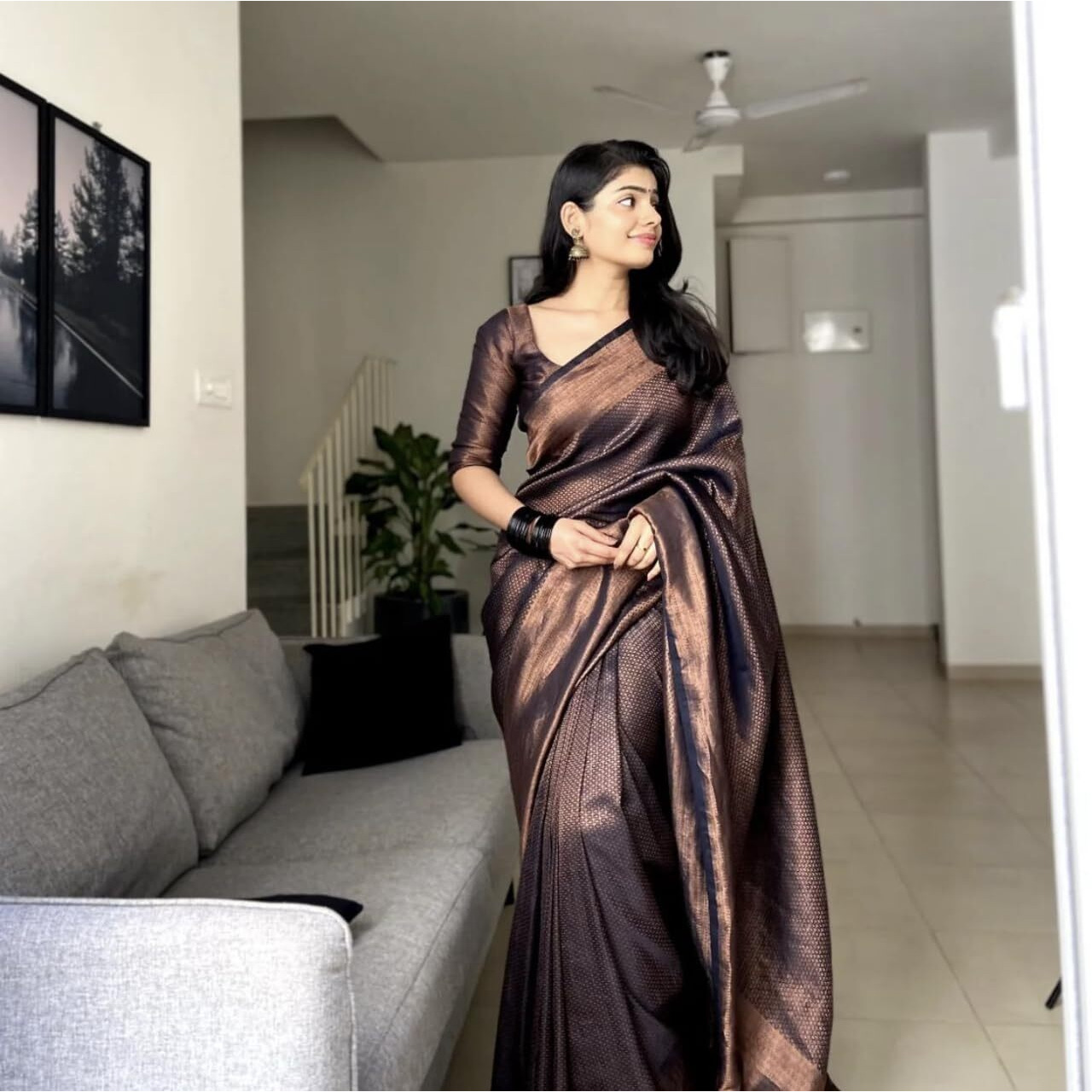 KALAVEETHI Womens Banarasi Soft Lichi Silk Saree with Blouse Piece Perfect For Every OccasionS (BLACK)