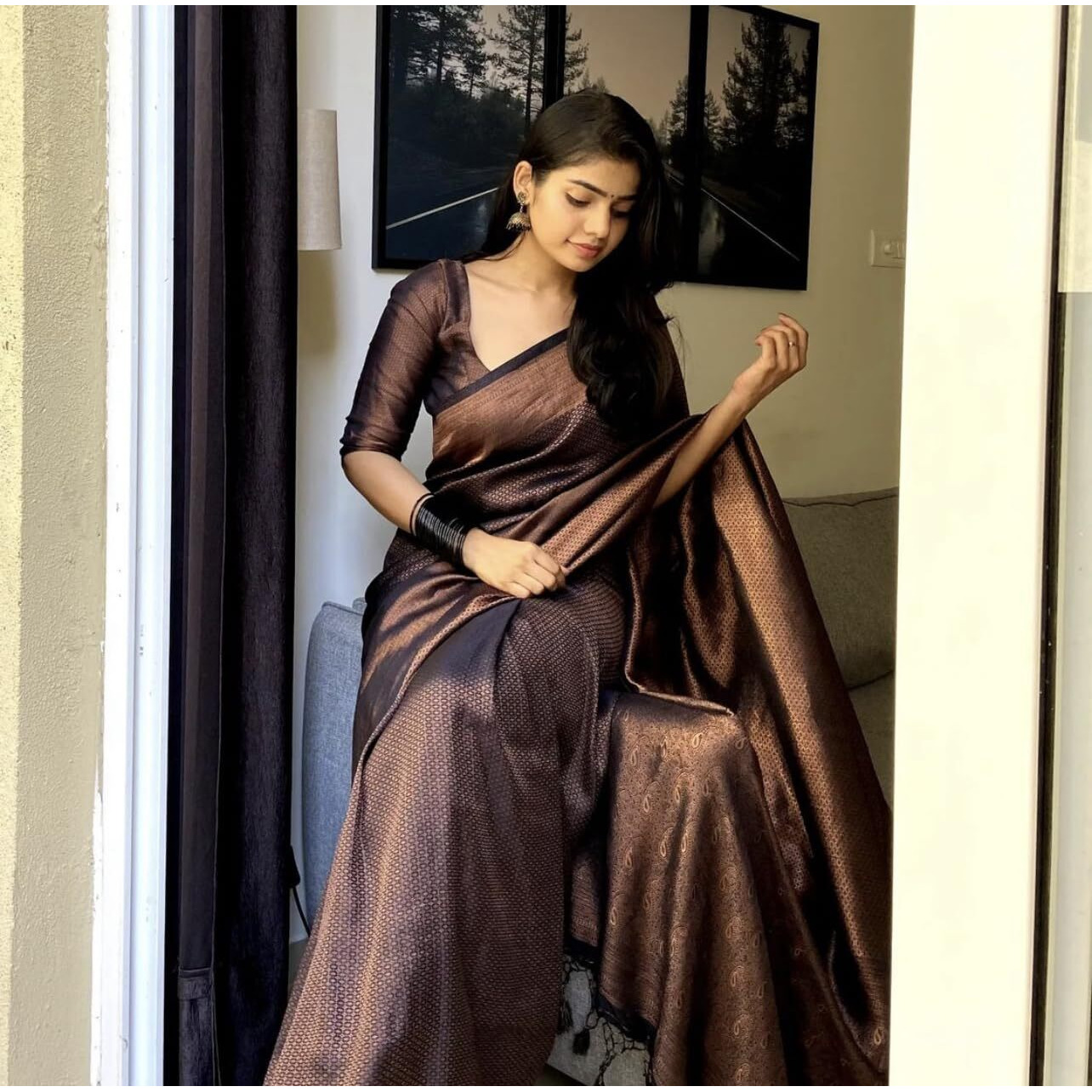 KALAVEETHI Womens Banarasi Soft Lichi Silk Saree with Blouse Piece Perfect For Every OccasionS (BLACK)