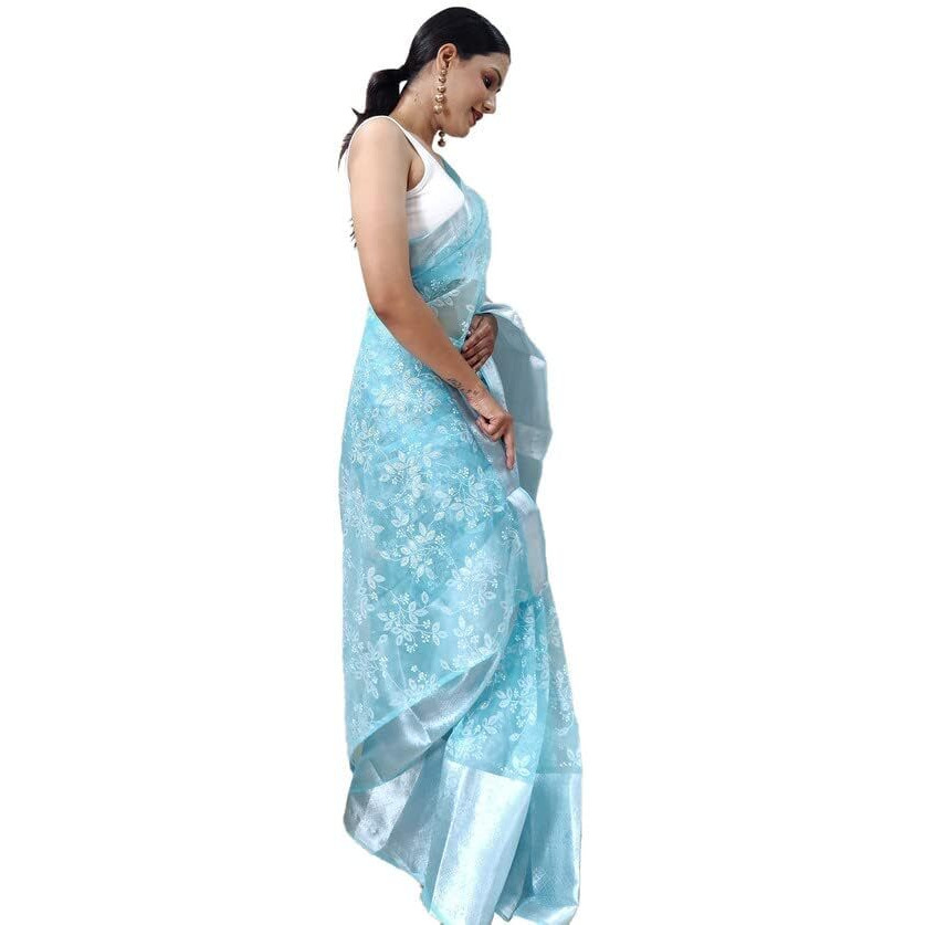 SIRIL Womens Jacquard Border, Printed Organza Saree with Unstitched Blouse(3072S223_Sky Blue, Multi)