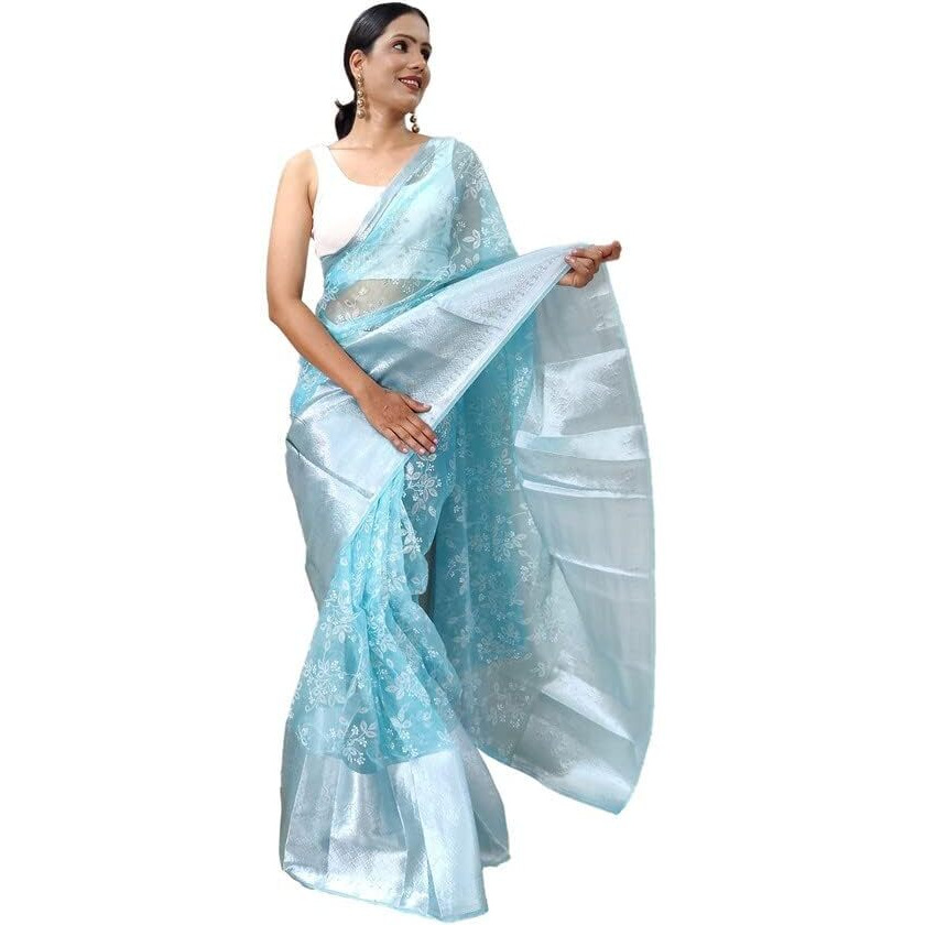 SIRIL Womens Jacquard Border, Printed Organza Saree with Unstitched Blouse(3072S223_Sky Blue, Multi)