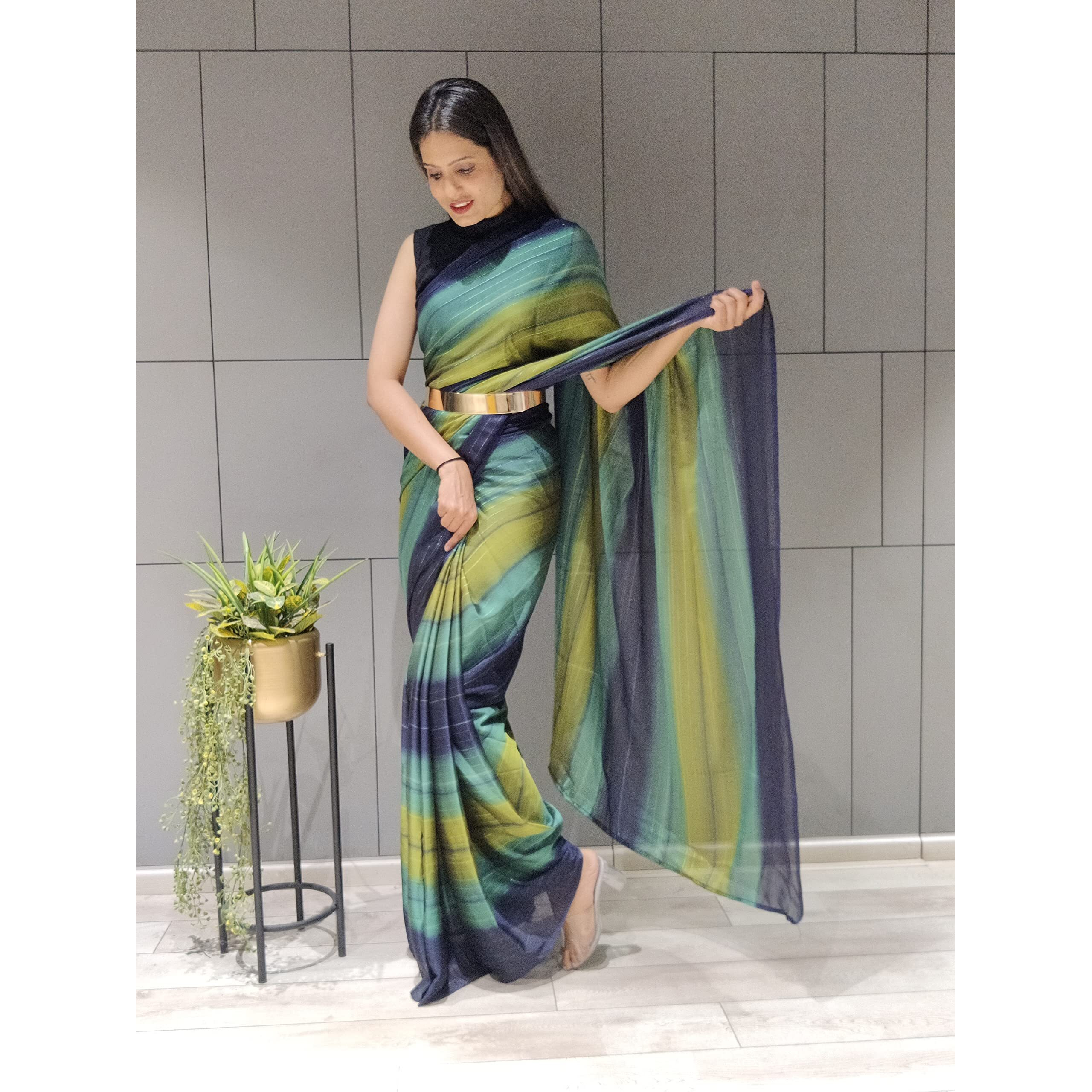 Sidhidata Womens Chiffon Georgette Ready To Wear Draped Saree With Unstitched Blouse Piece (Zari Navy_Navy_Free Size)