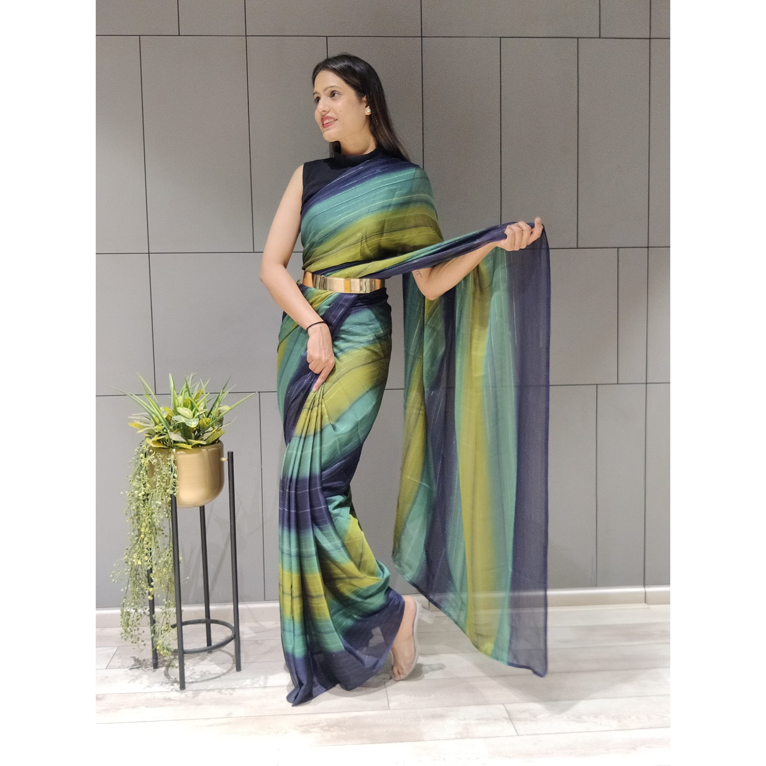Sidhidata Womens Chiffon Georgette Ready To Wear Draped Saree With Unstitched Blouse Piece (Zari Navy_Navy_Free Size)