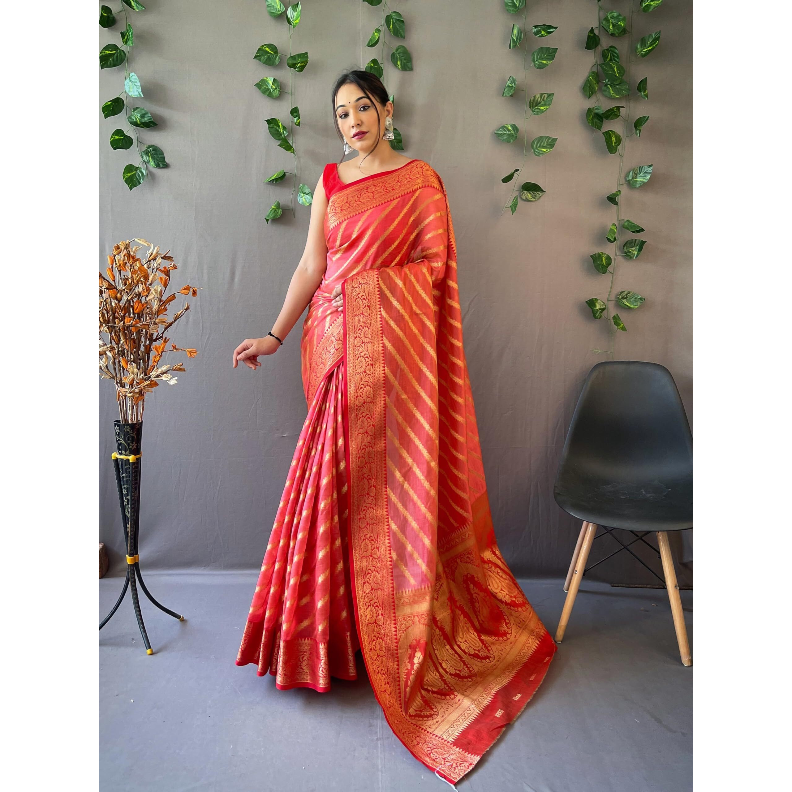 SGF11 Womens Organza Kanjivaram Pure Soft Silk Handloom Saree Pure Golden Zari With Blouse Piece