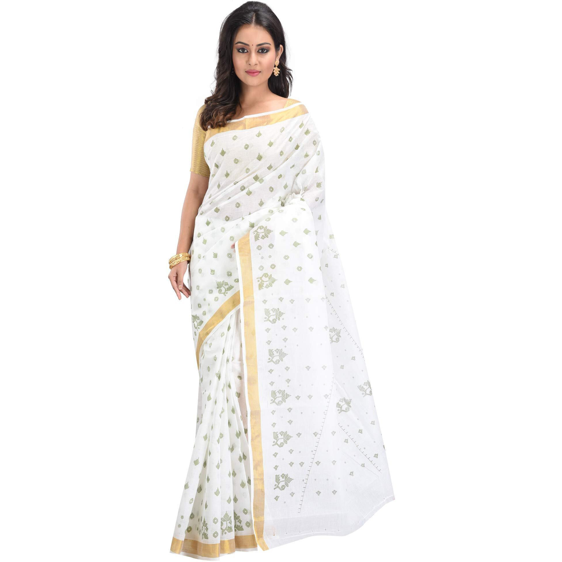 RAJ SAREE HOUSE Womens Traditional Pure Cotton Bengali Tant Saree without Blouse Piece - (Off-White)