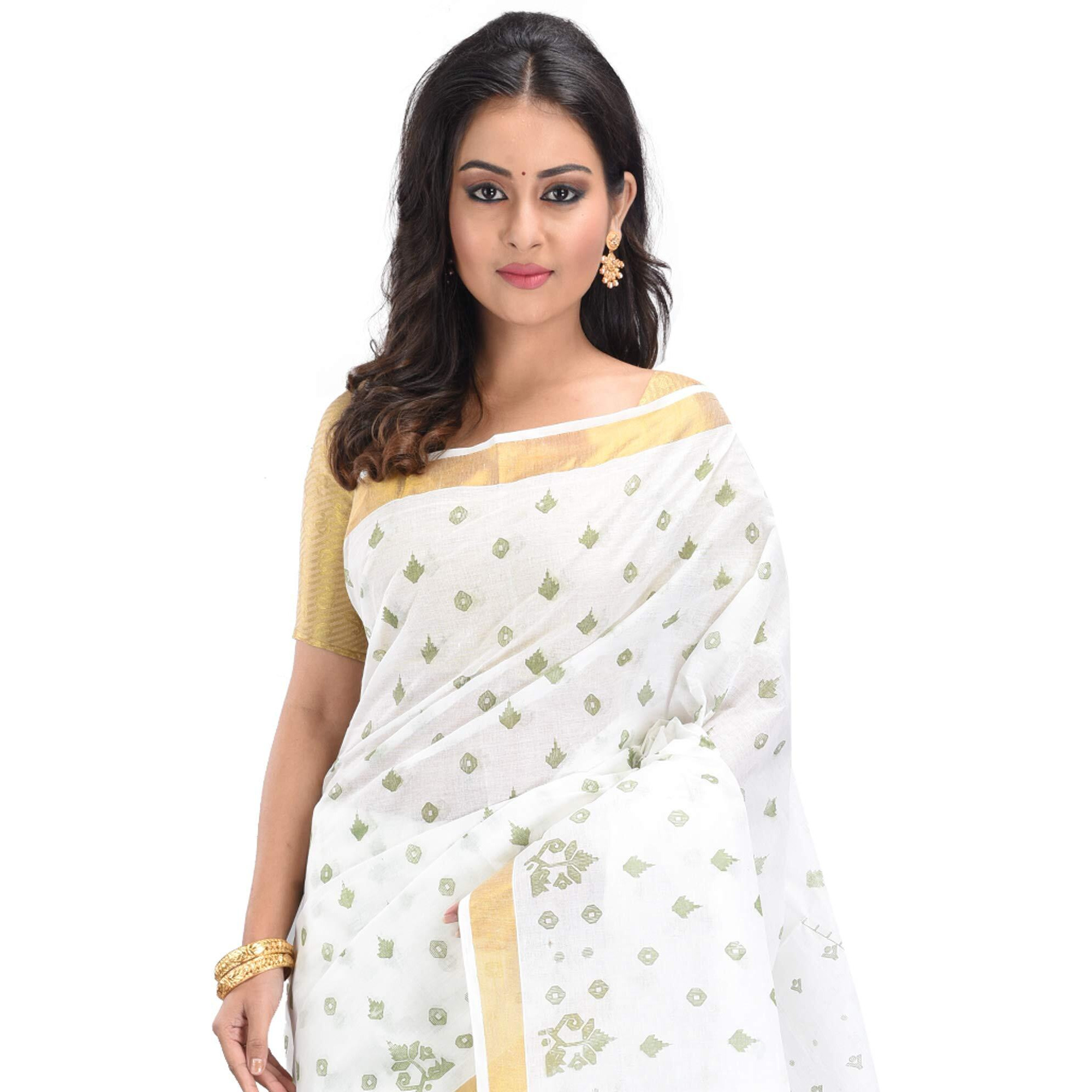 RAJ SAREE HOUSE Womens Traditional Pure Cotton Bengali Tant Saree without Blouse Piece - (Off-White)
