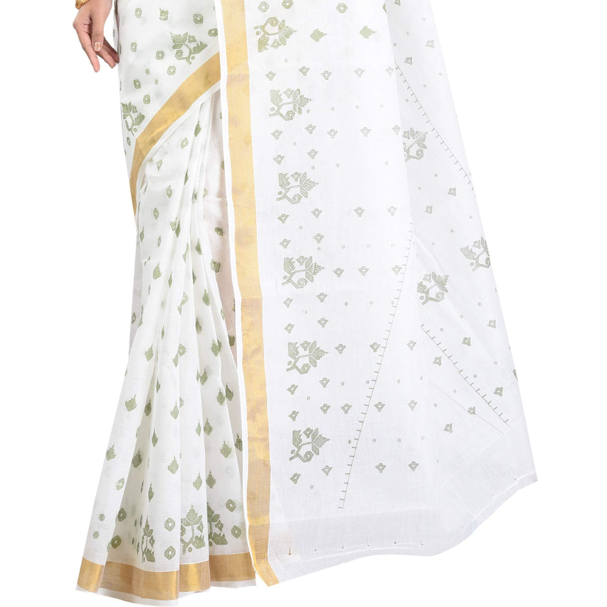 RAJ SAREE HOUSE Womens Traditional Pure Cotton Bengali Tant Saree without Blouse Piece - (Off-White)