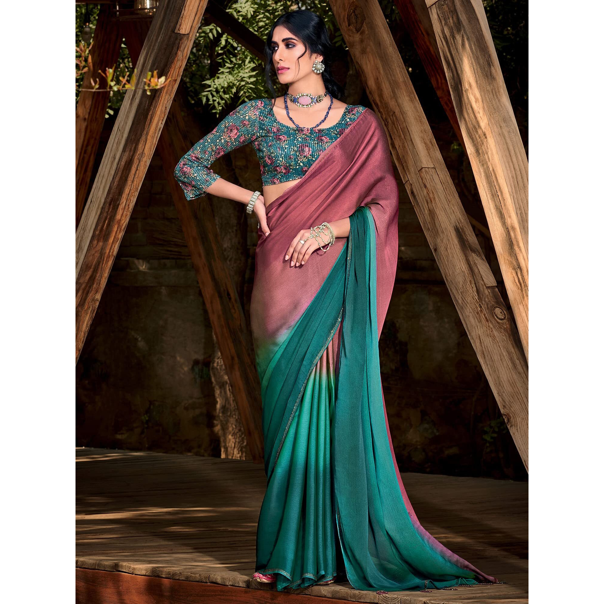 AKHILAM Womens Solid Chiffon Embellished Saree With Unstitched Blouse Piece (Mauve_ARUNA11)