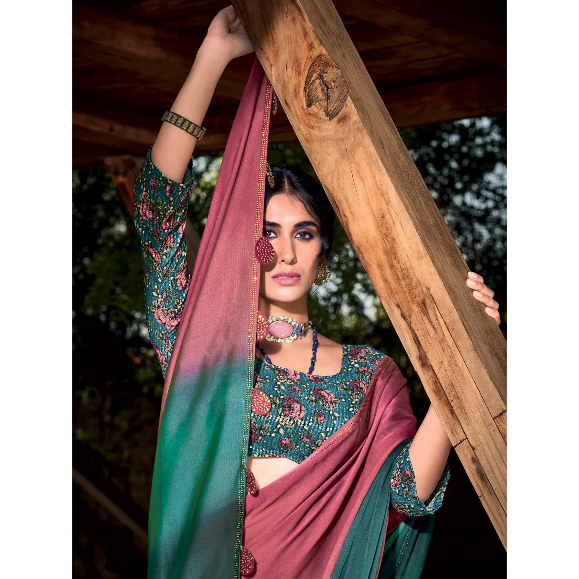 AKHILAM Womens Solid Chiffon Embellished Saree With Unstitched Blouse Piece (Mauve_ARUNA11)