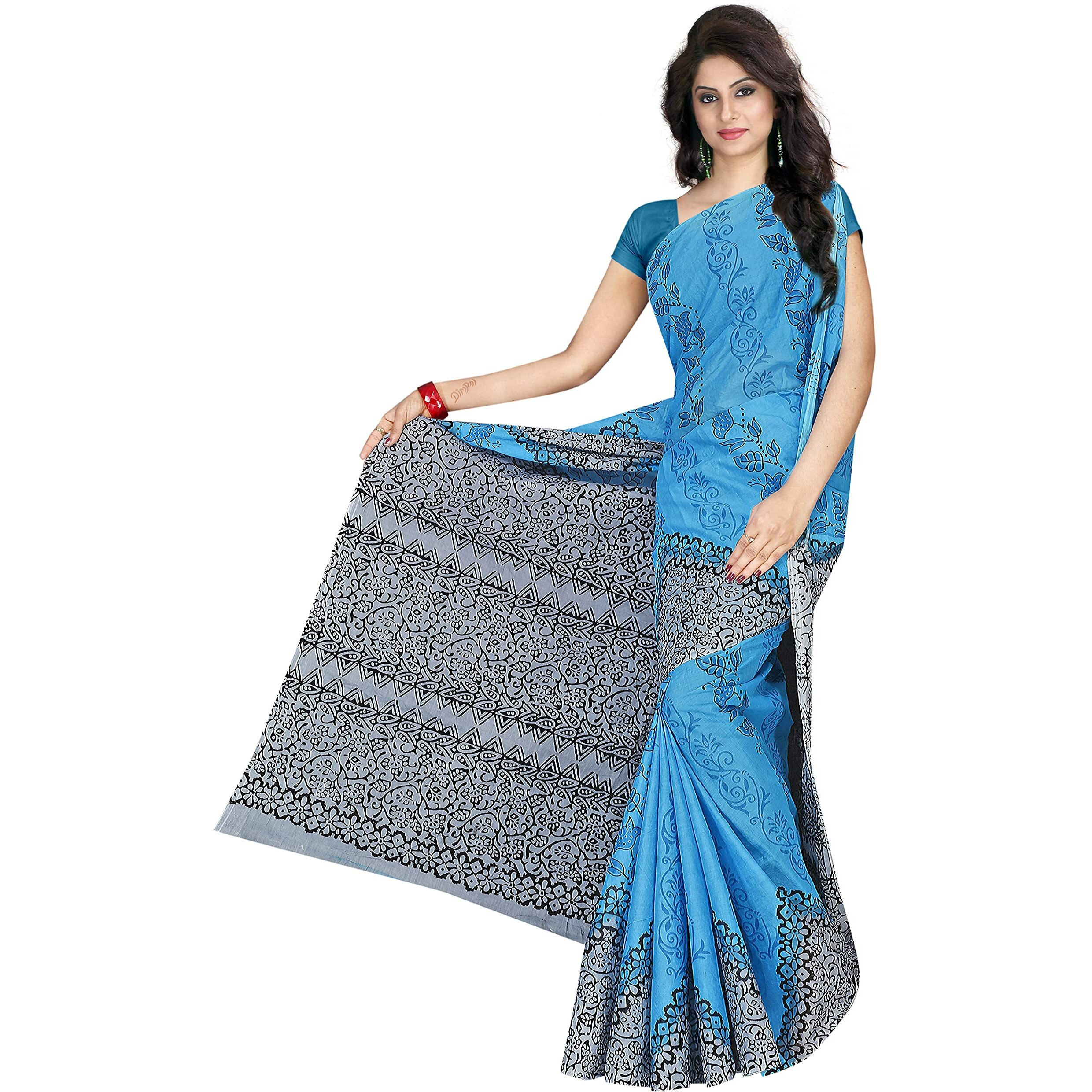 TAMAIRA FASHION Womens Plain Weave Pure Cotton Saree Without Blouse Piece (AB11_Turquoise)