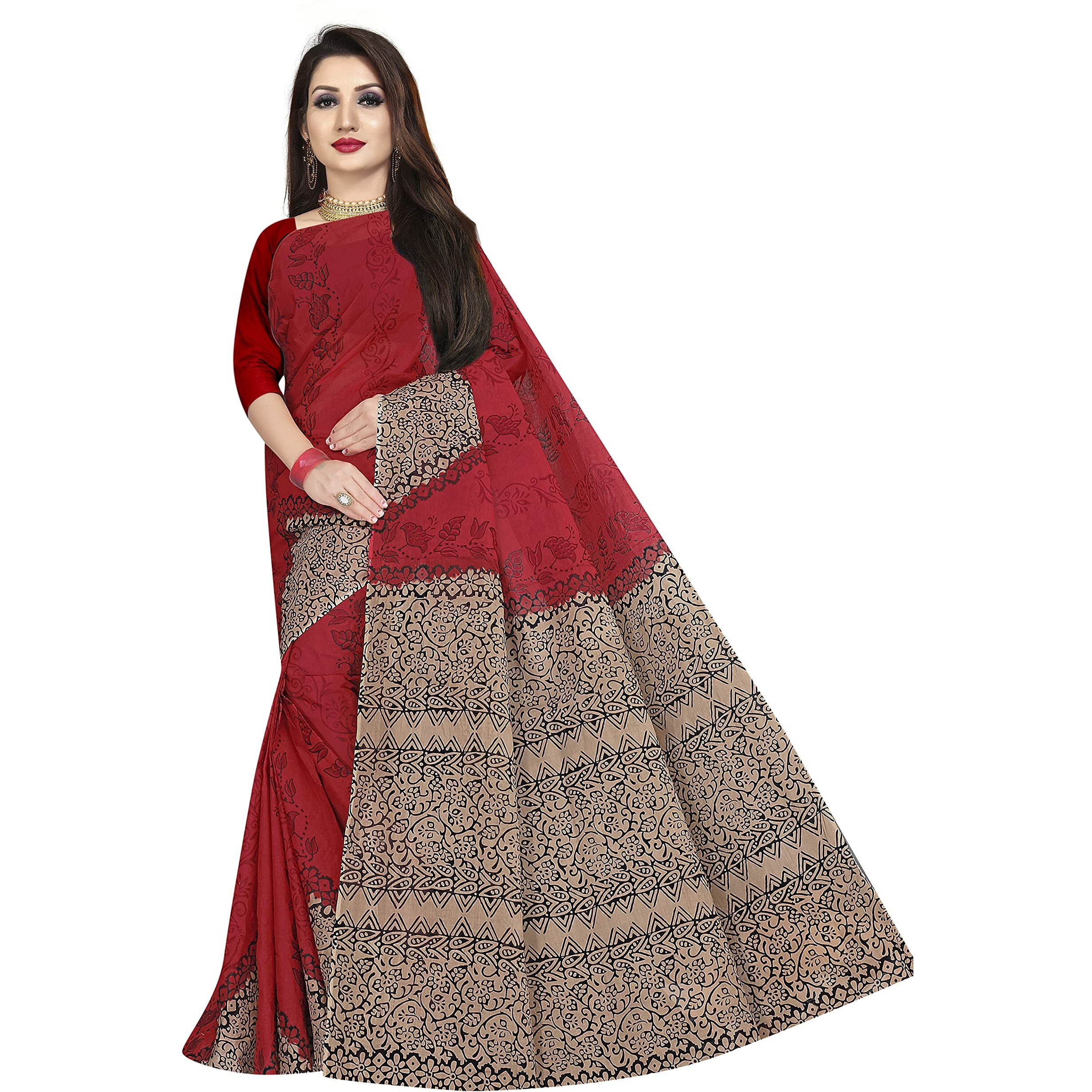 TAMAIRA FASHION Womens Plain Weave Pure Cotton Saree Without Blouse Piece(AB11_Red&Maroon)