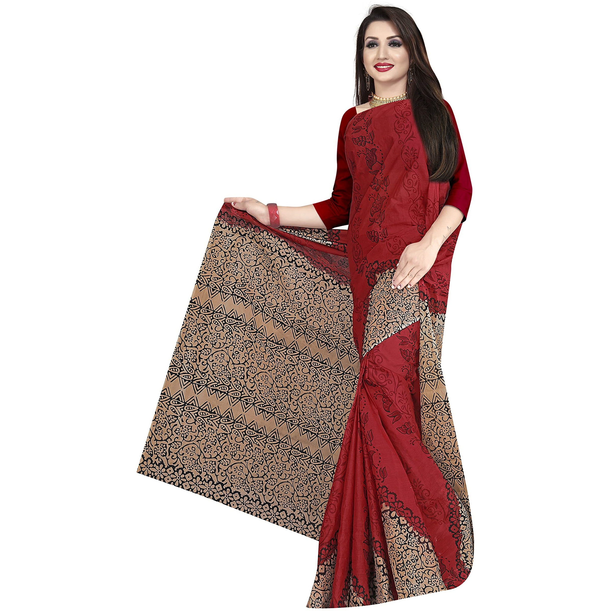 TAMAIRA FASHION Womens Plain Weave Pure Cotton Saree Without Blouse Piece(AB11_Red&Maroon)