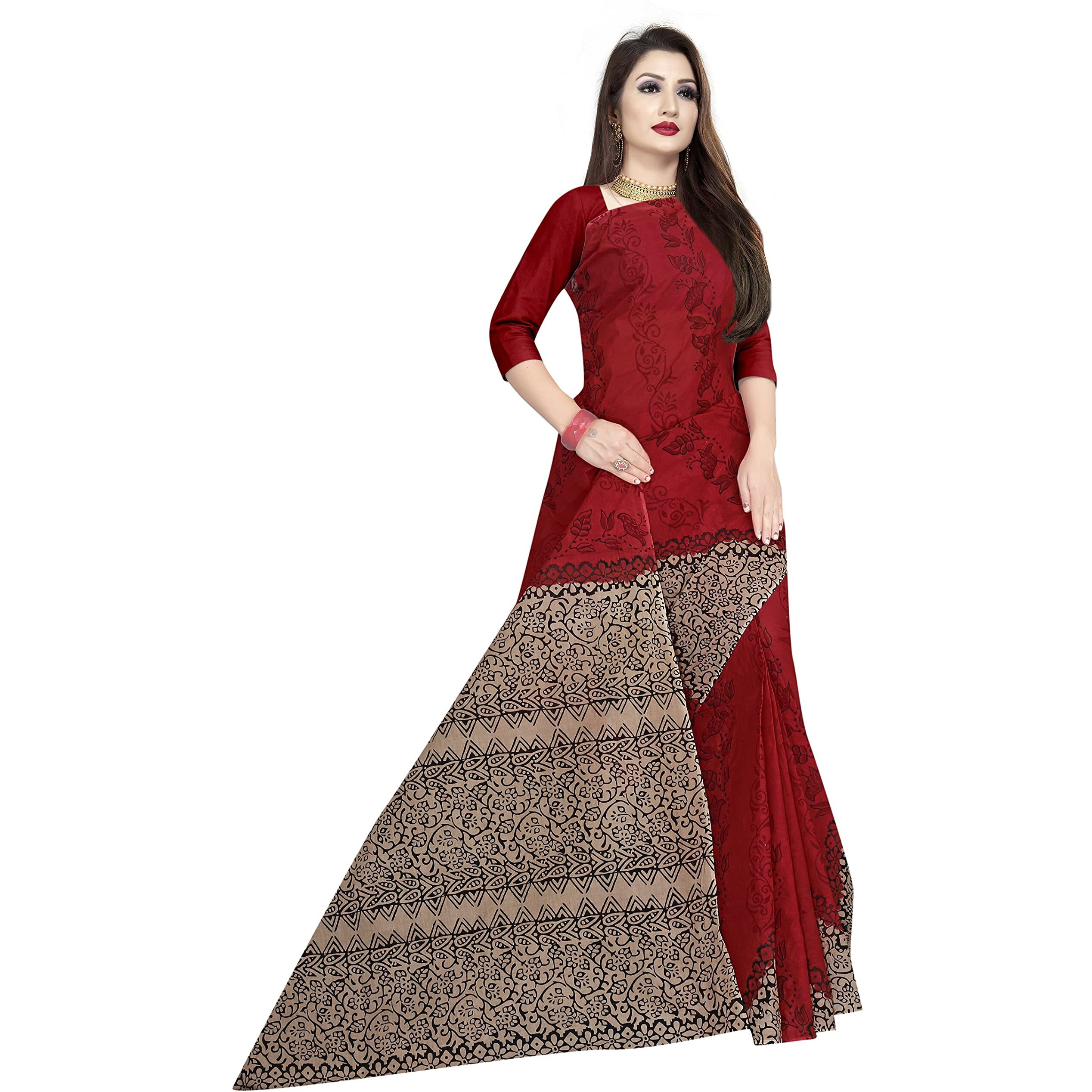 TAMAIRA FASHION Womens Plain Weave Pure Cotton Saree Without Blouse Piece(AB11_Red&Maroon)