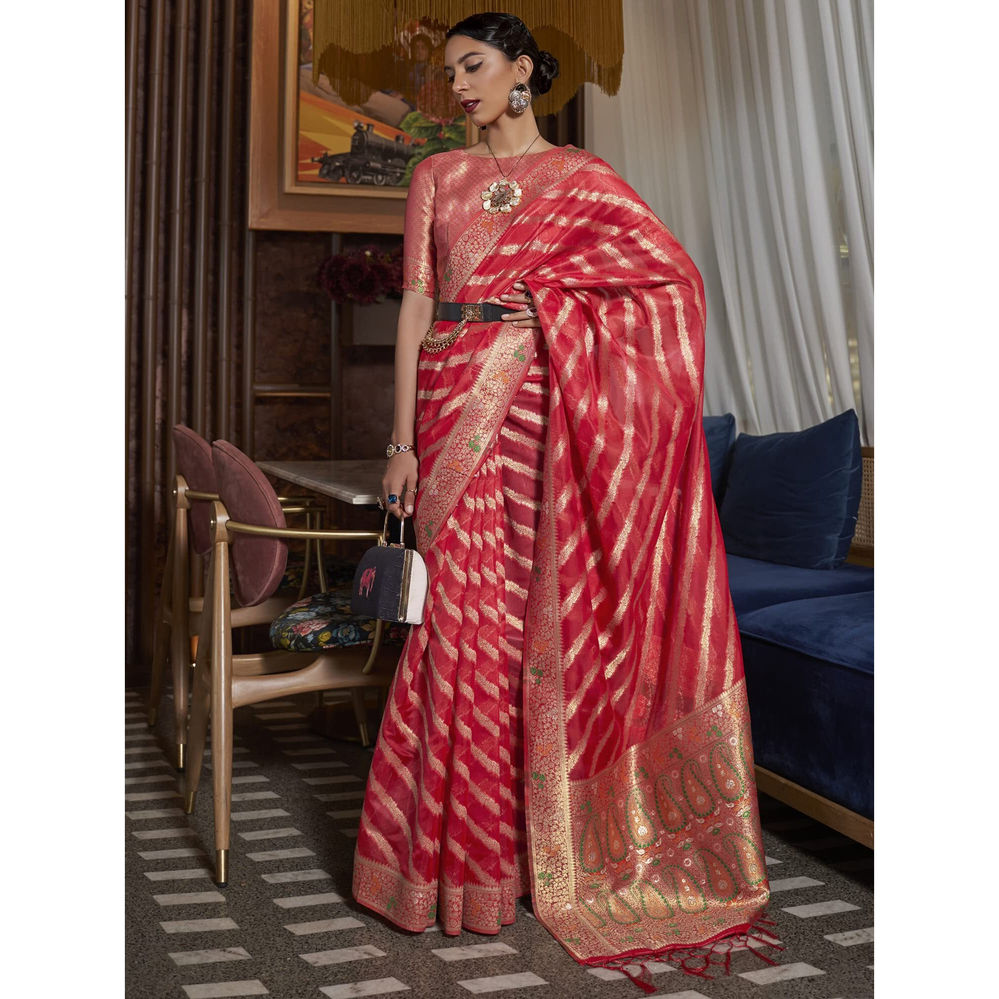 AKHILAM Womens Organza Woven Design Saree With Unstitched Blouse Piece (Red_KAHANA279001_RJ)