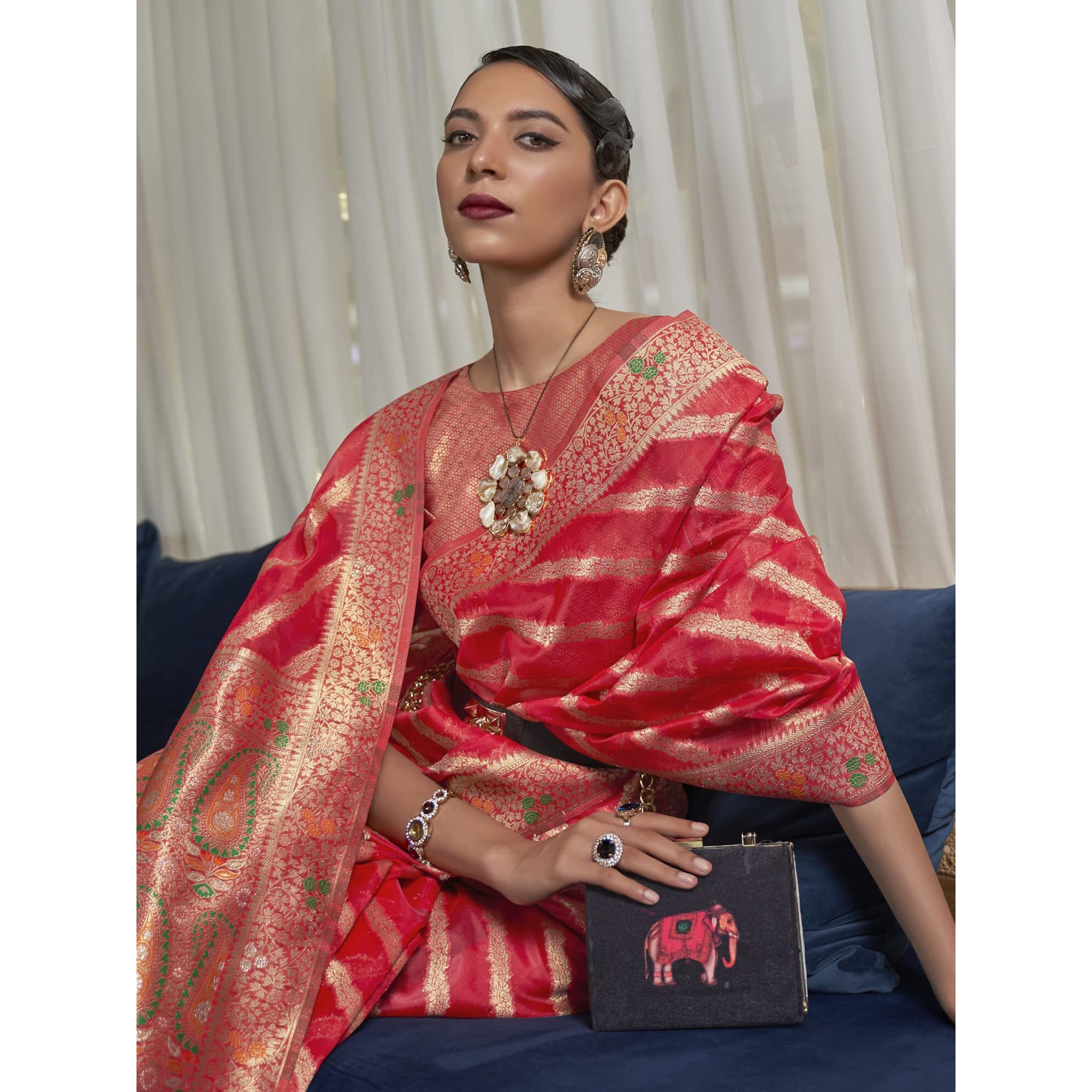 AKHILAM Womens Organza Woven Design Saree With Unstitched Blouse Piece (Red_KAHANA279001_RJ)