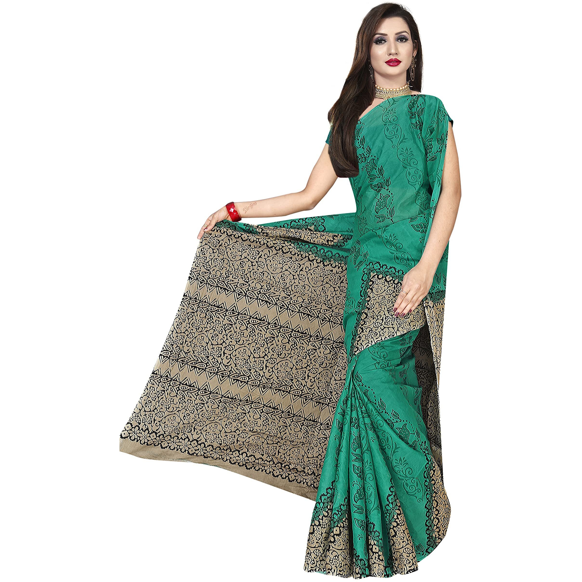 TAMAIRA FASHION Womens Plain Weave Pure Cotton Saree Without Blouse Piece (AB11_Seagreen)