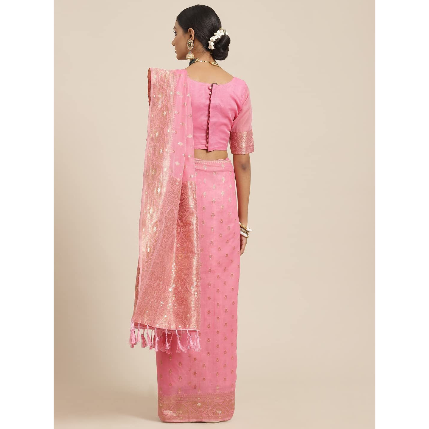 AKHILAM Womens Silk Cotton Banarasi Saree With Unstitched Blouse Piece (Pink_FF03VMIKA3001)