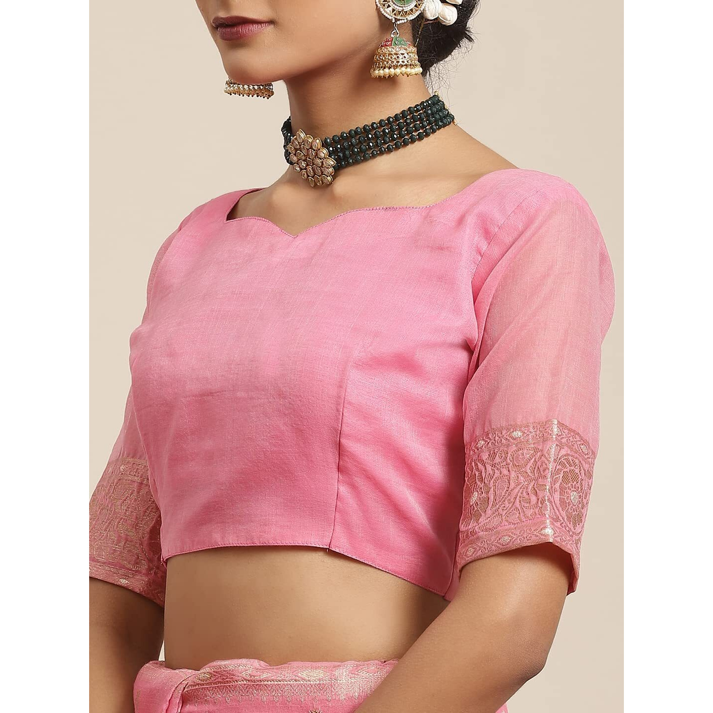 AKHILAM Womens Silk Cotton Banarasi Saree With Unstitched Blouse Piece (Pink_FF03VMIKA3001)