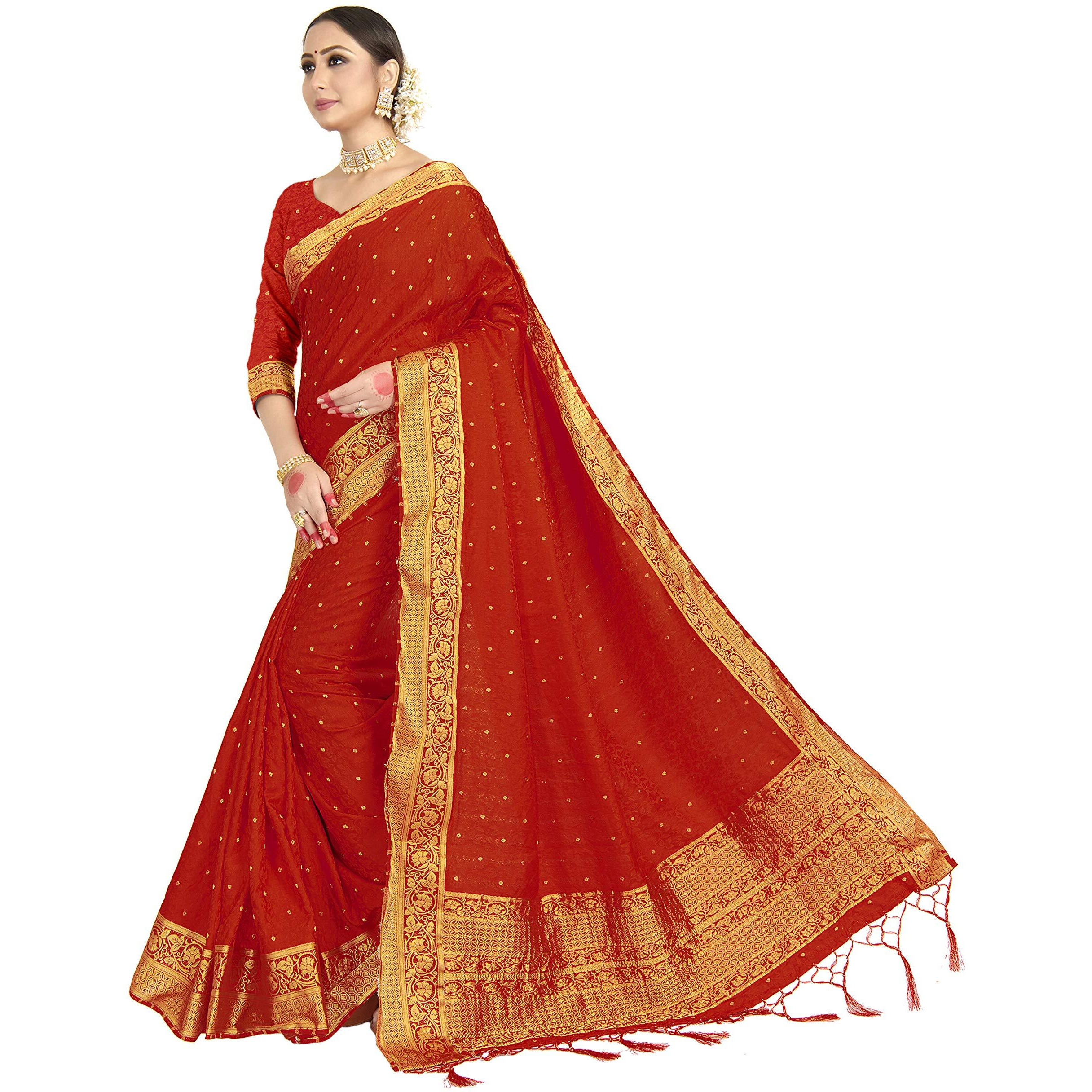 Vardha Womens Banarasi Satin Silk Saree with Unstitched Blouse Piece - Zari Woven Work Sarees for Wedding (172, Red)