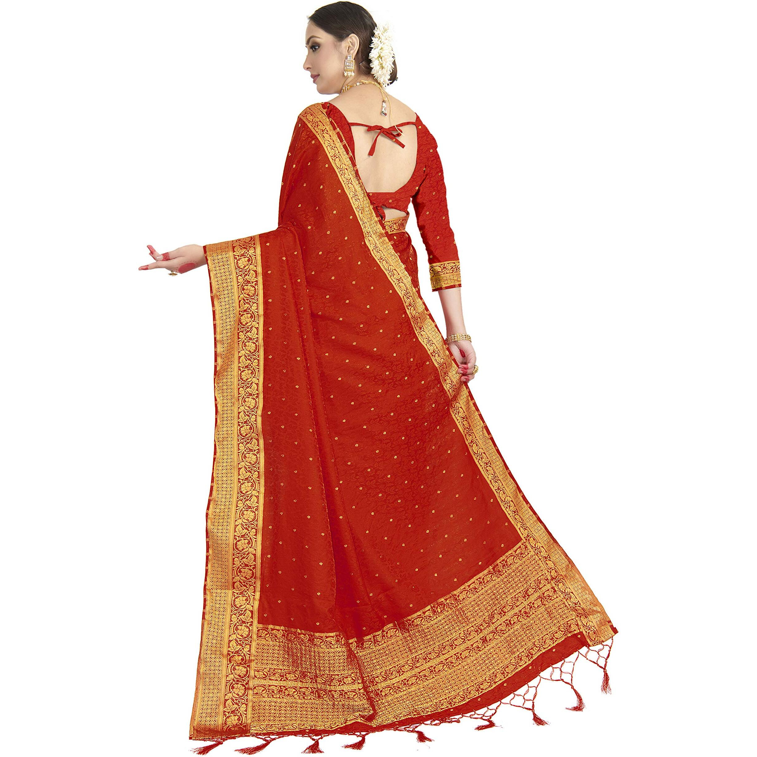 Vardha Womens Banarasi Satin Silk Saree with Unstitched Blouse Piece - Zari Woven Work Sarees for Wedding (172, Red)