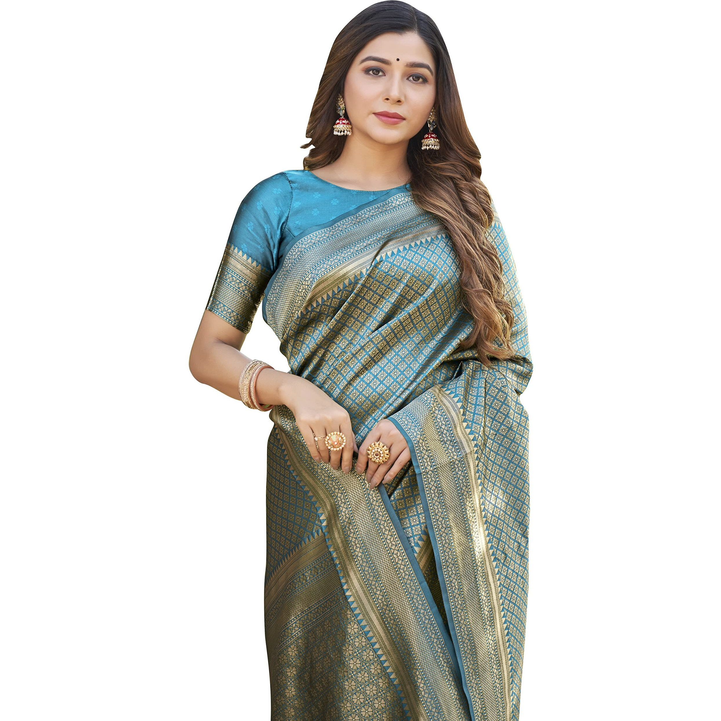 Glory Sarees Womens Banarasi Silk Saree With Blouse Piece (Banarasi_Saree134_Firozi)