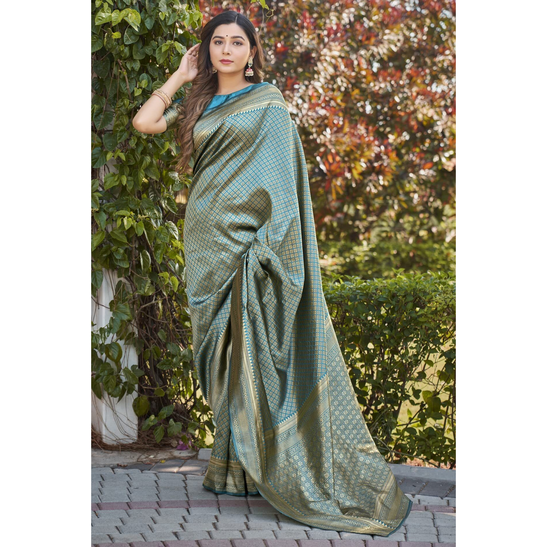 Glory Sarees Womens Banarasi Silk Saree With Blouse Piece (Banarasi_Saree134_Firozi)