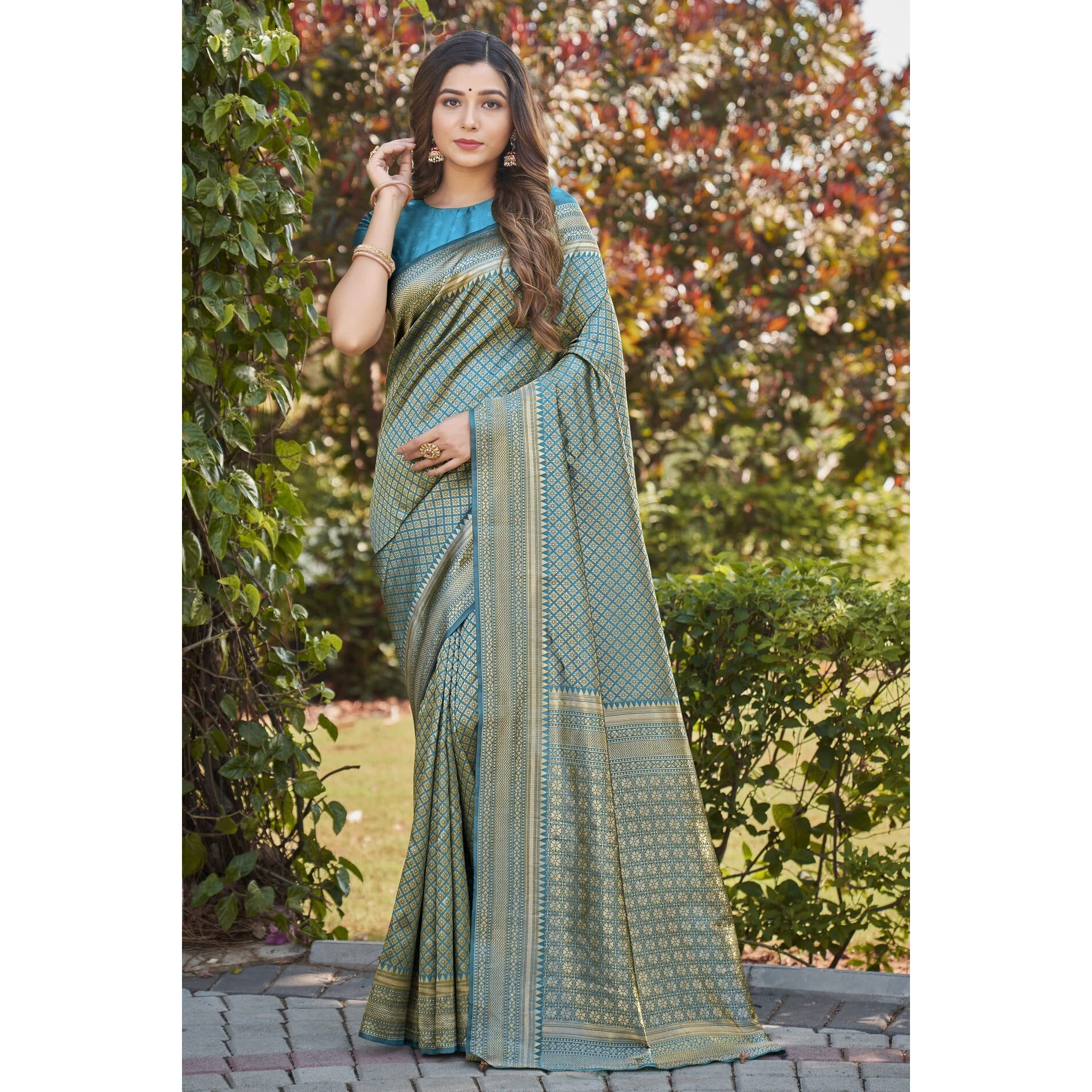 Glory Sarees Womens Banarasi Silk Saree With Blouse Piece (Banarasi_Saree134_Firozi)