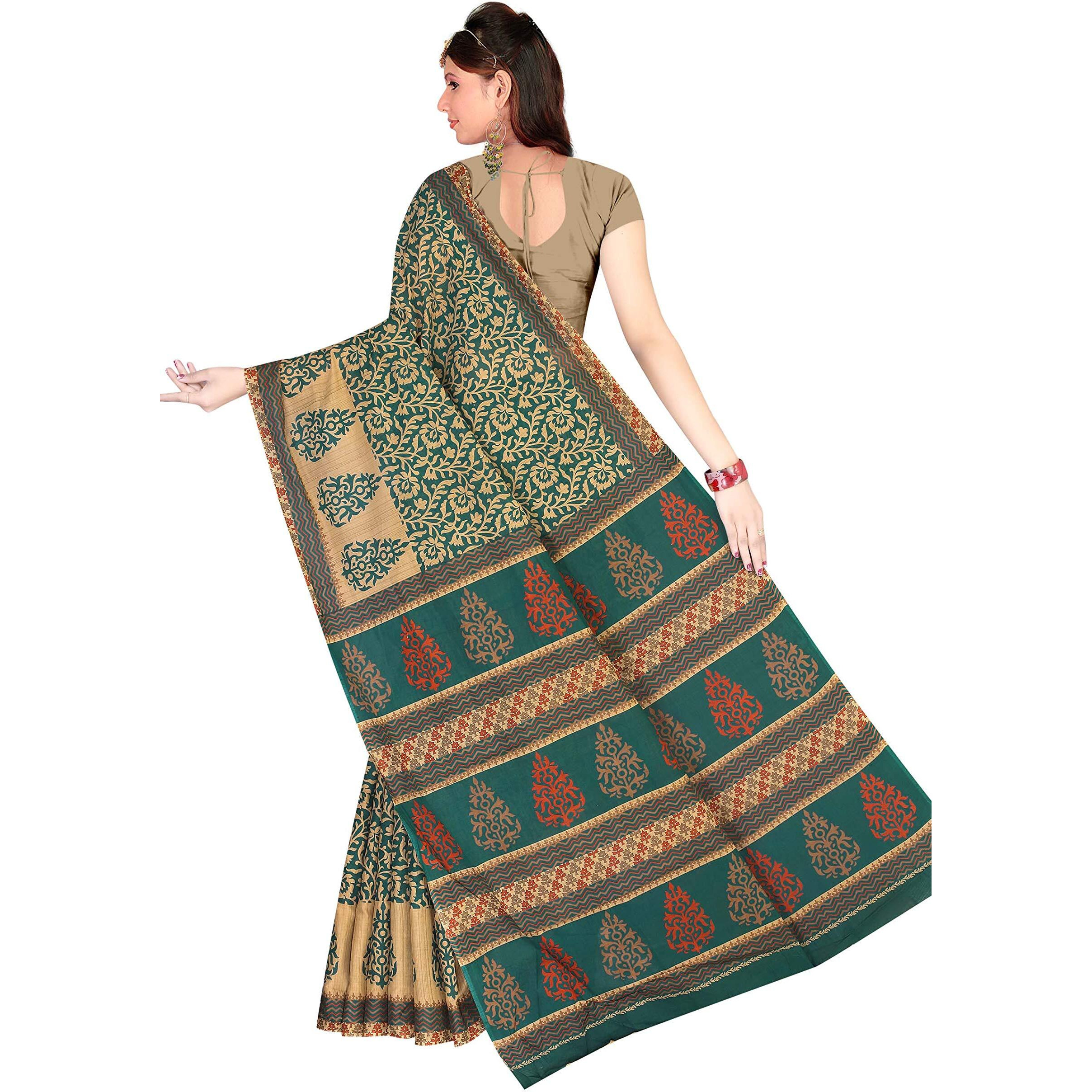 TAMAIRA FASHION Womens Plain Cotton Saree (2202_Dark Green)