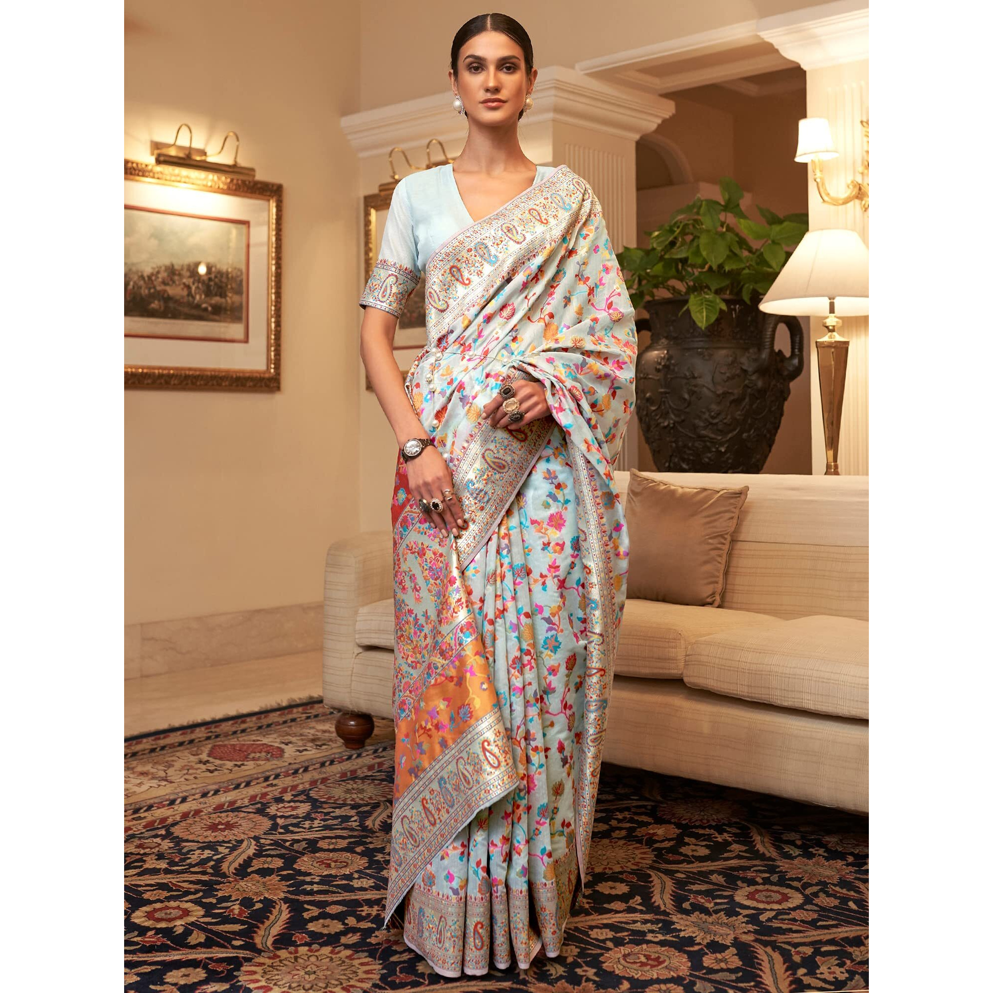 AKHILAM Womens Silk Blend Woven Design Celebrity Saree With Blouse Piece (Light Blue_KSHFA201001C)