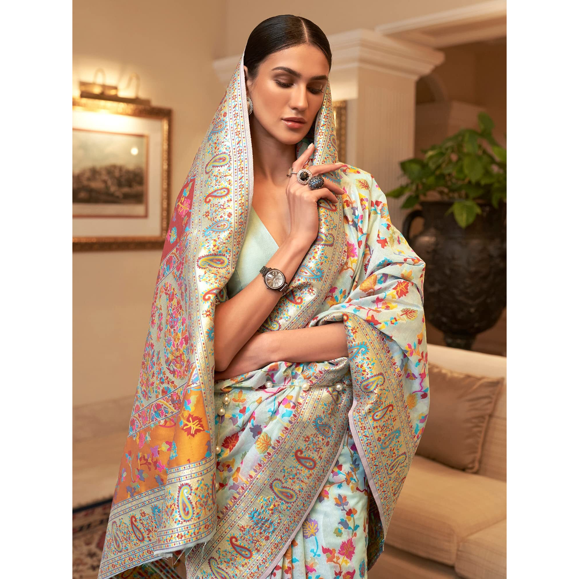 AKHILAM Womens Silk Blend Woven Design Celebrity Saree With Blouse Piece (Light Blue_KSHFA201001C)