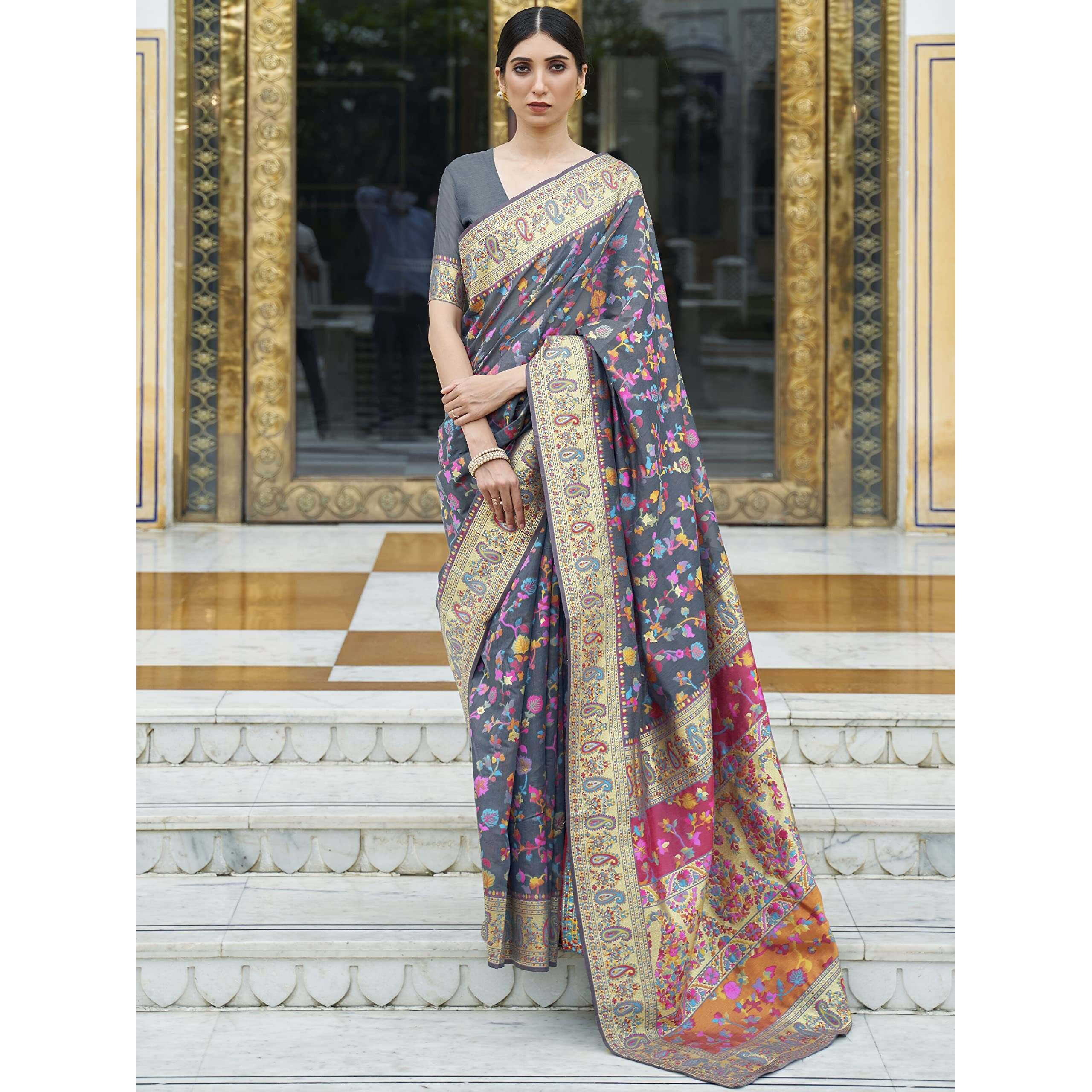 AKHILAM Womens Woven Design Silk Blend Saree With Blouse Piece (Silk Blend Saree KSHFA201003_Grey)