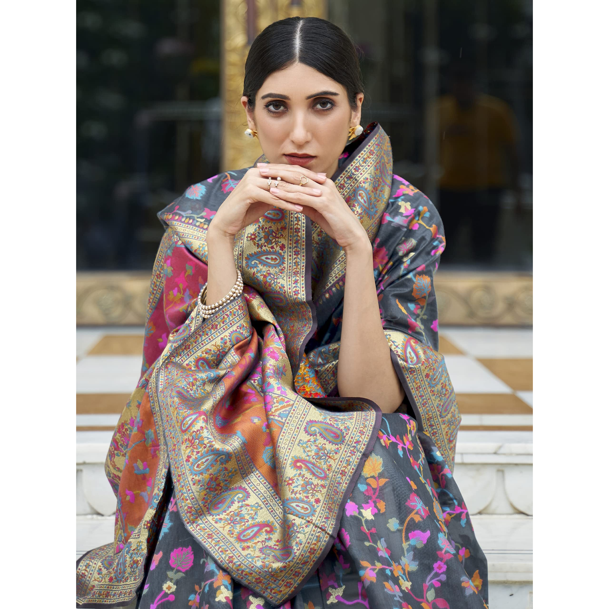 AKHILAM Womens Woven Design Silk Blend Saree With Blouse Piece (Silk Blend Saree KSHFA201003_Grey)