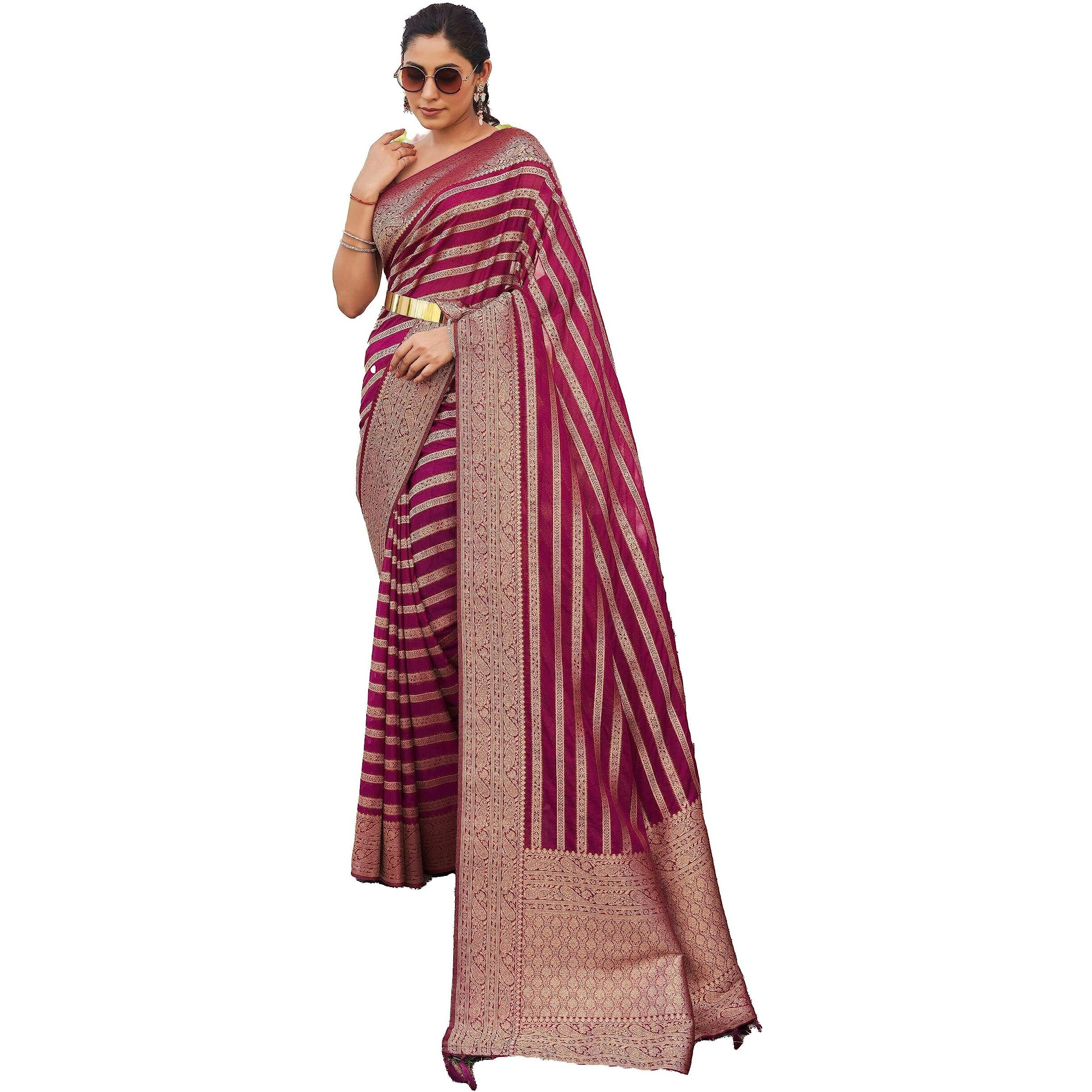 Vardha Womens Banarasi Georgette Saree with Unstitched Blouse Piece - Gold Zari Woven Work Sarees for Wedding (Vritika_670)