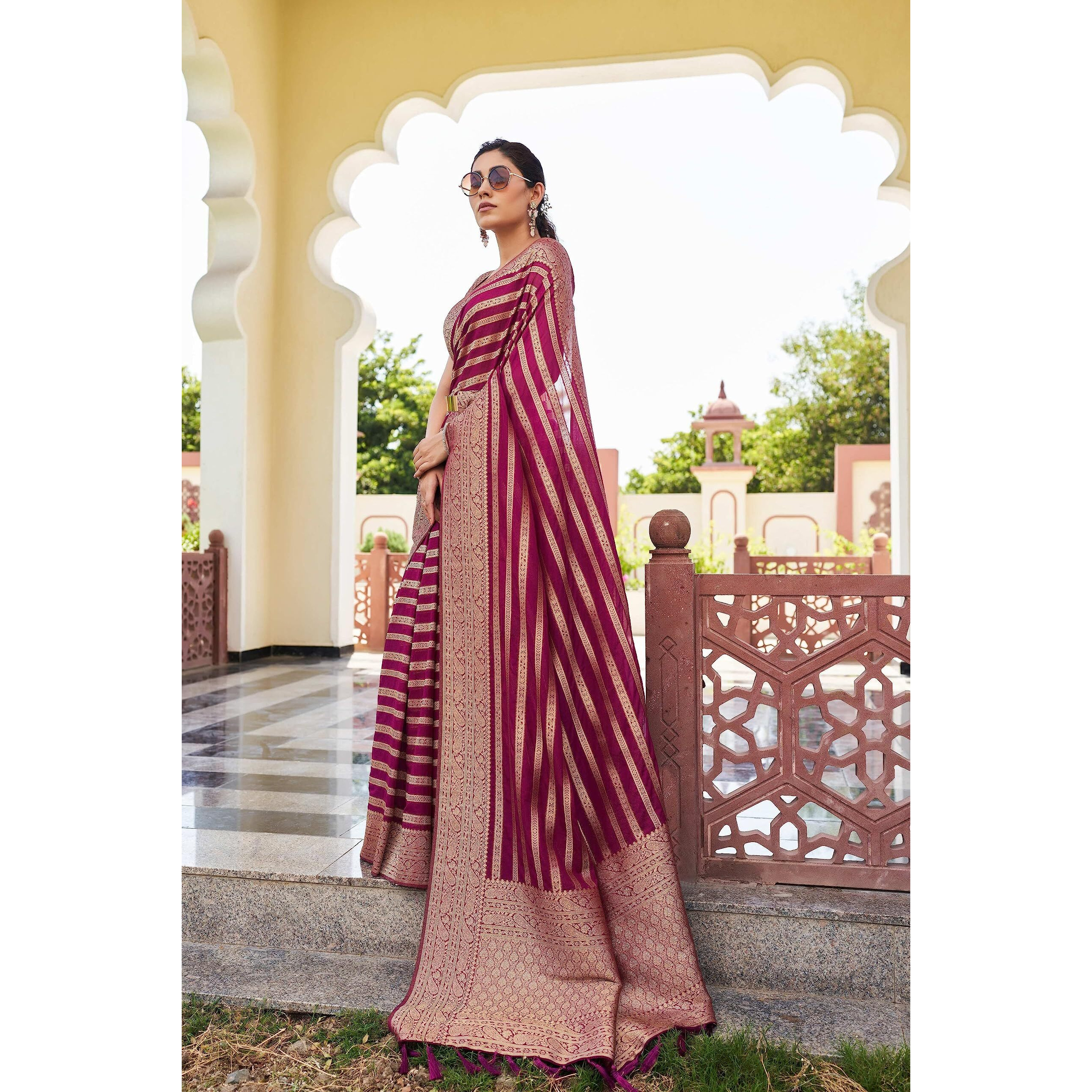 Vardha Womens Banarasi Georgette Saree with Unstitched Blouse Piece - Gold Zari Woven Work Sarees for Wedding (Vritika_670)