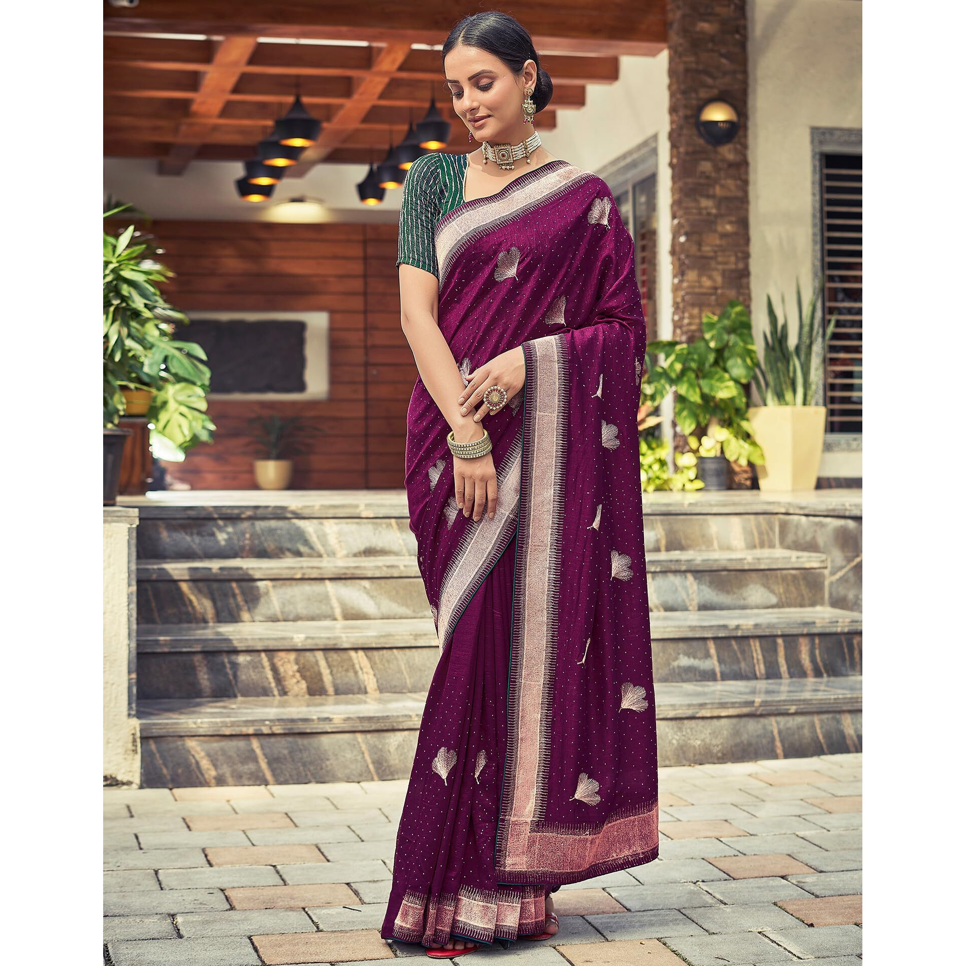 SIRIL Womens Vichitra Silk Embroidery Stone Work Saree With Unstitched Blouse Piece (3430S272_Magenta)