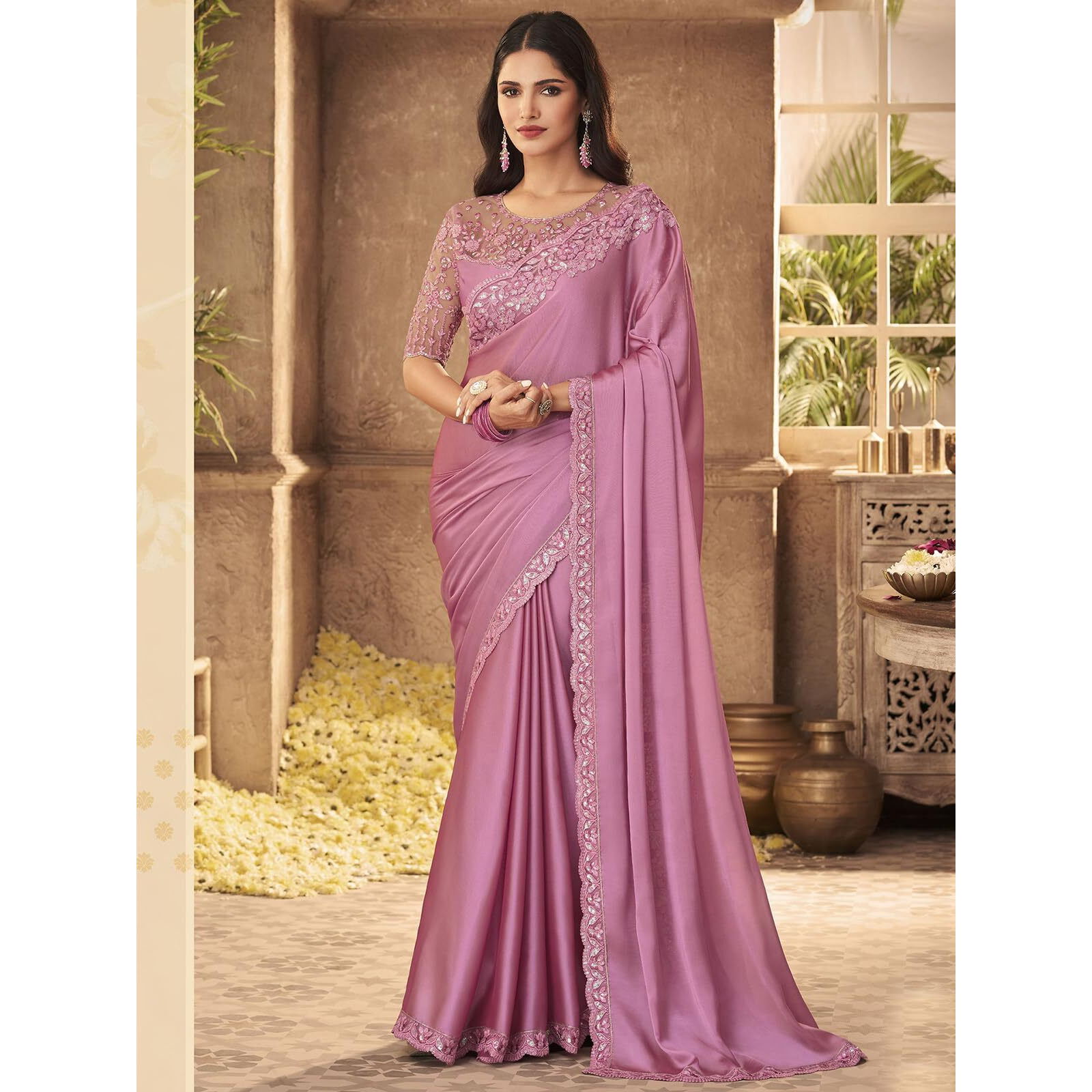 SIRIL Womens Embroidery Lace & Piping Boarder Satin Silk Saree with Unstitched Blouse Piece (3113S2875_Light Pink)