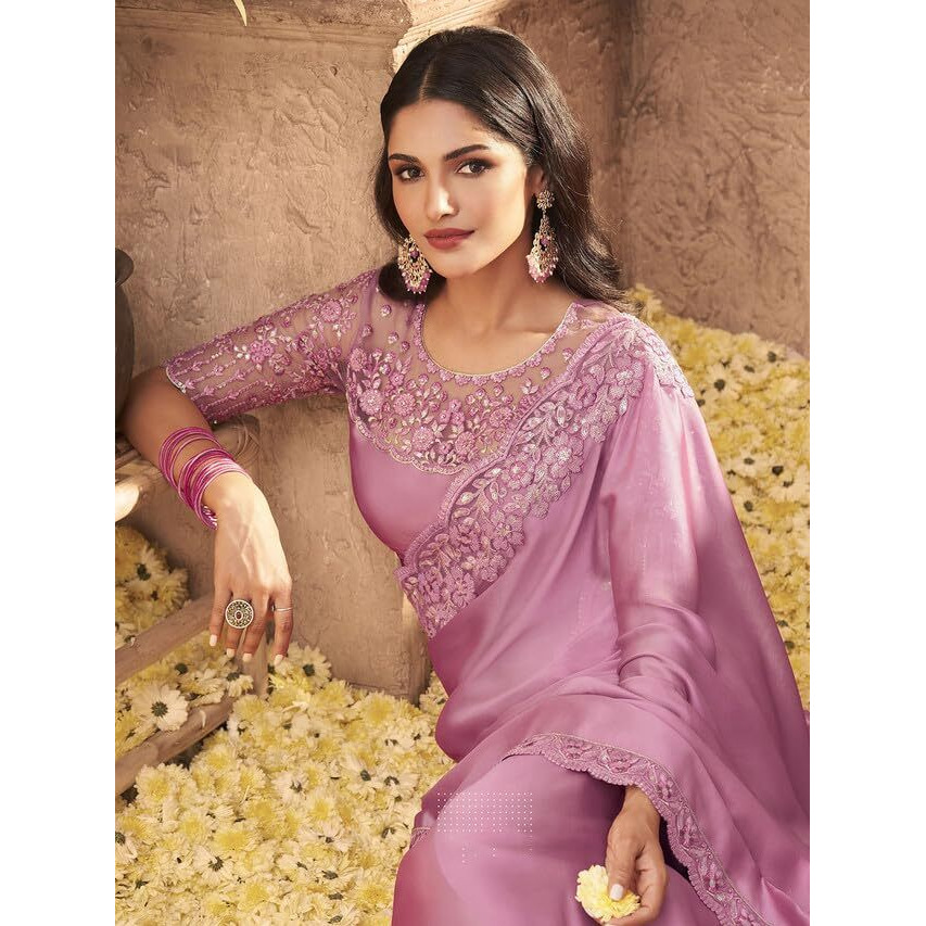 SIRIL Womens Embroidery Lace & Piping Boarder Satin Silk Saree with Unstitched Blouse Piece (3113S2875_Light Pink)