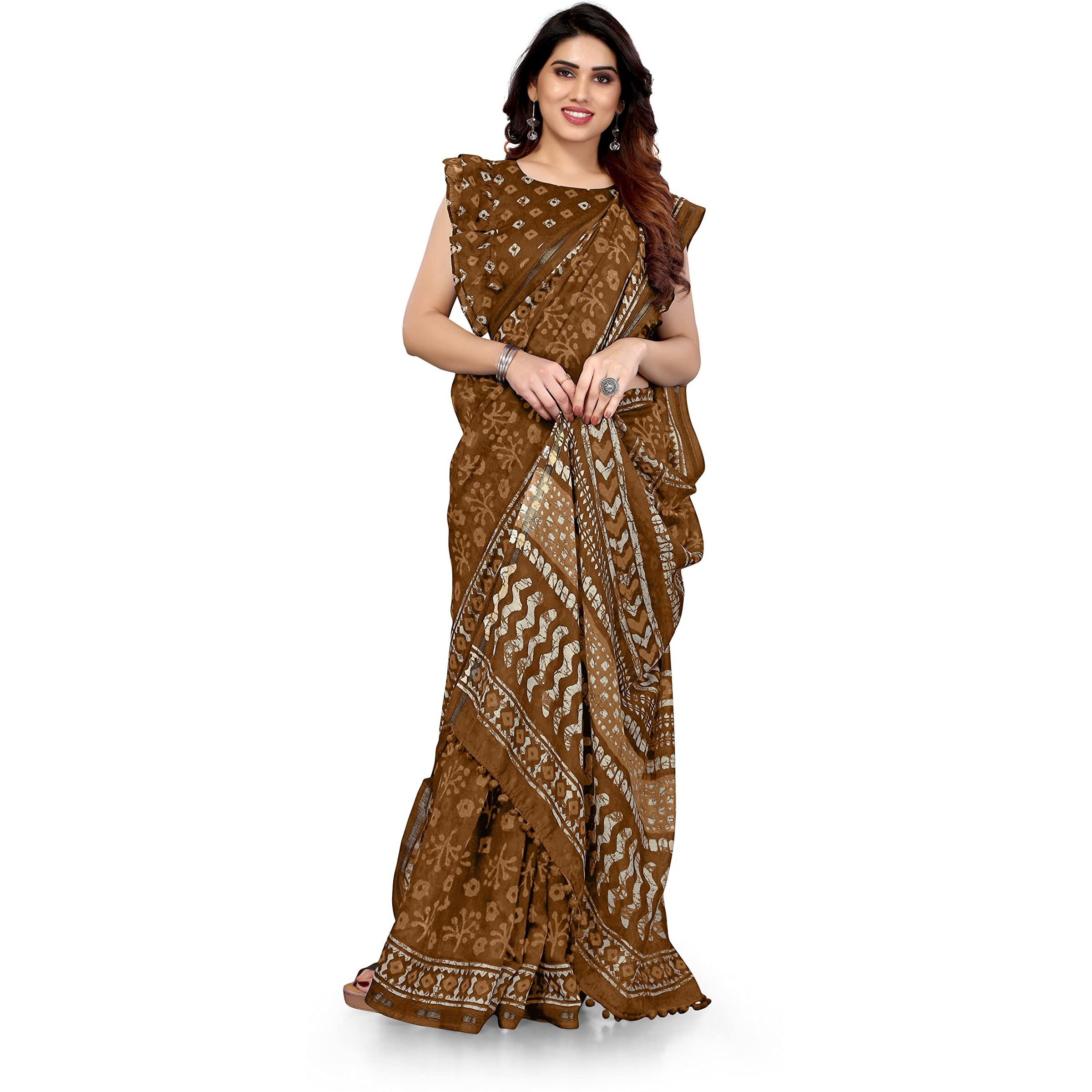 MIRCHI FASHION Womens Plain Weave Cotton Blend Batik Printed Saree with Blouse Piece (36496-Brown)