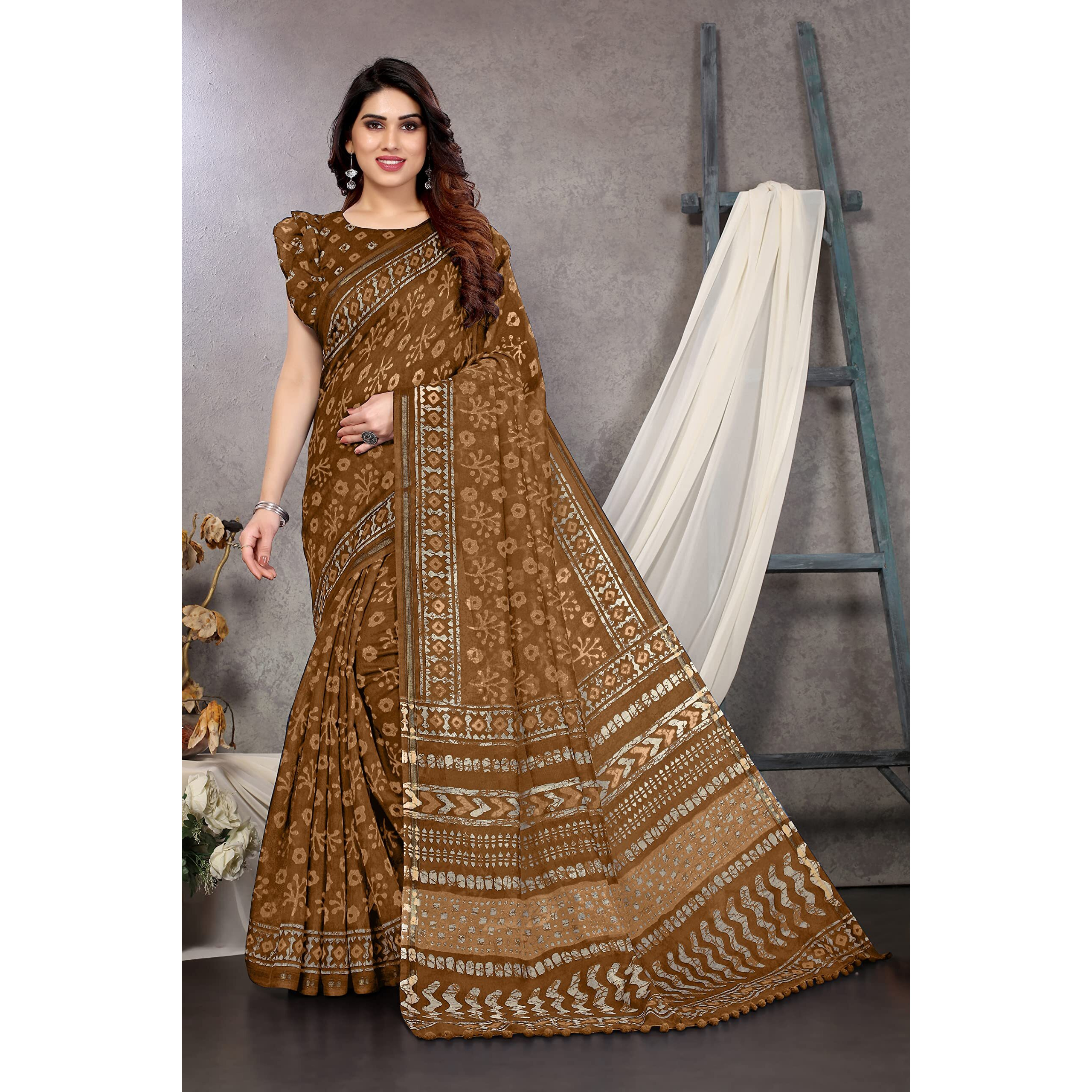 MIRCHI FASHION Womens Plain Weave Cotton Blend Batik Printed Saree with Blouse Piece (36496-Brown)