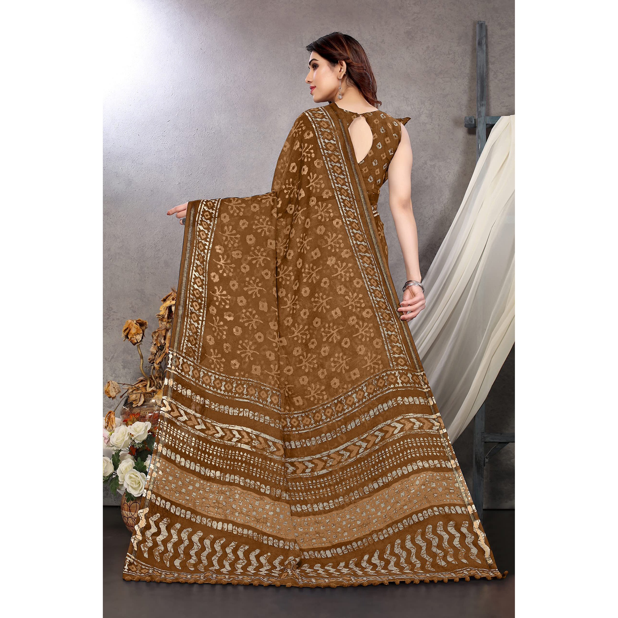 MIRCHI FASHION Womens Plain Weave Cotton Blend Batik Printed Saree with Blouse Piece (36496-Brown)