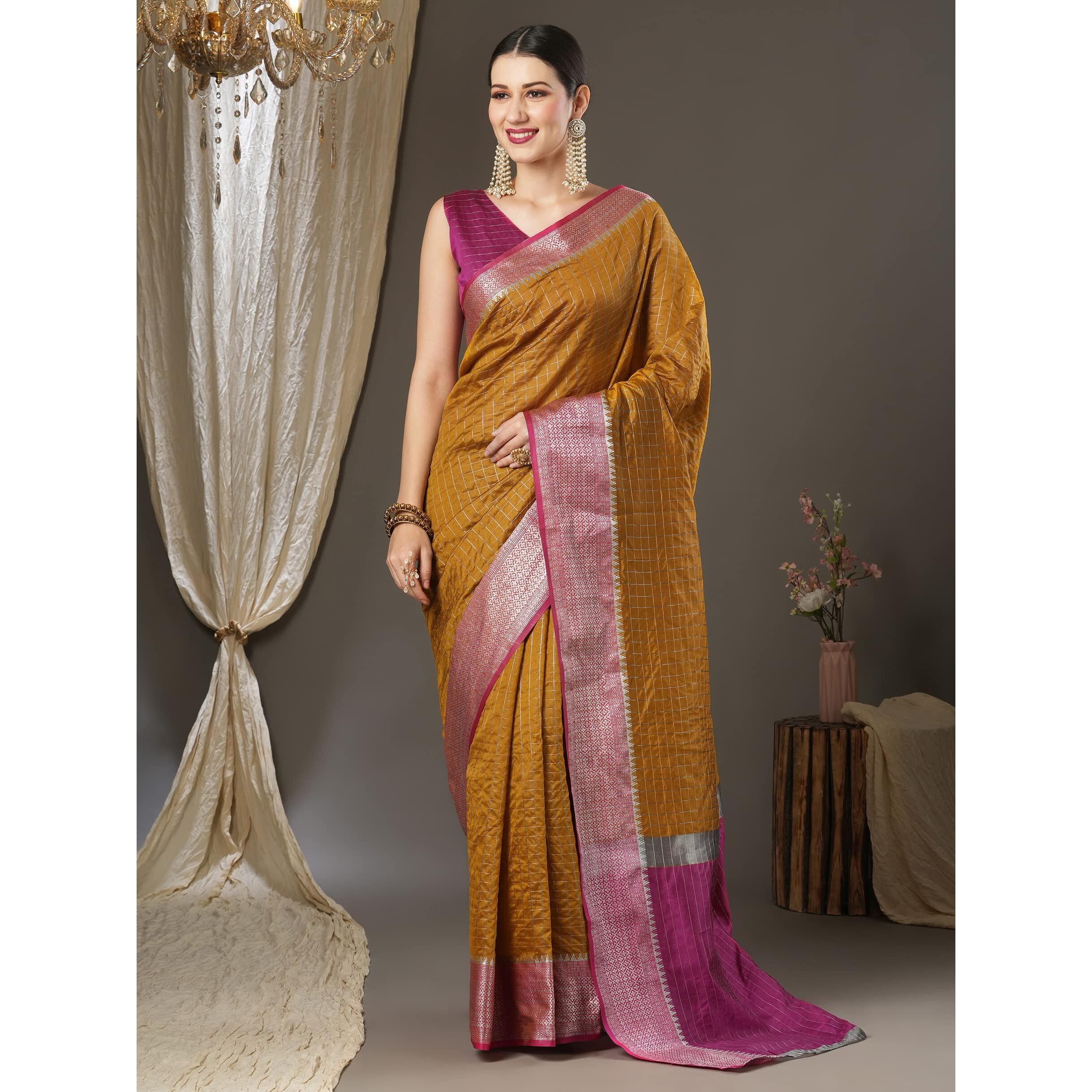 AKHILAM Womens Woven Design Aura Silk Taant Saree With Unstitched Blouse Piece (Mustard_11AURA1106)