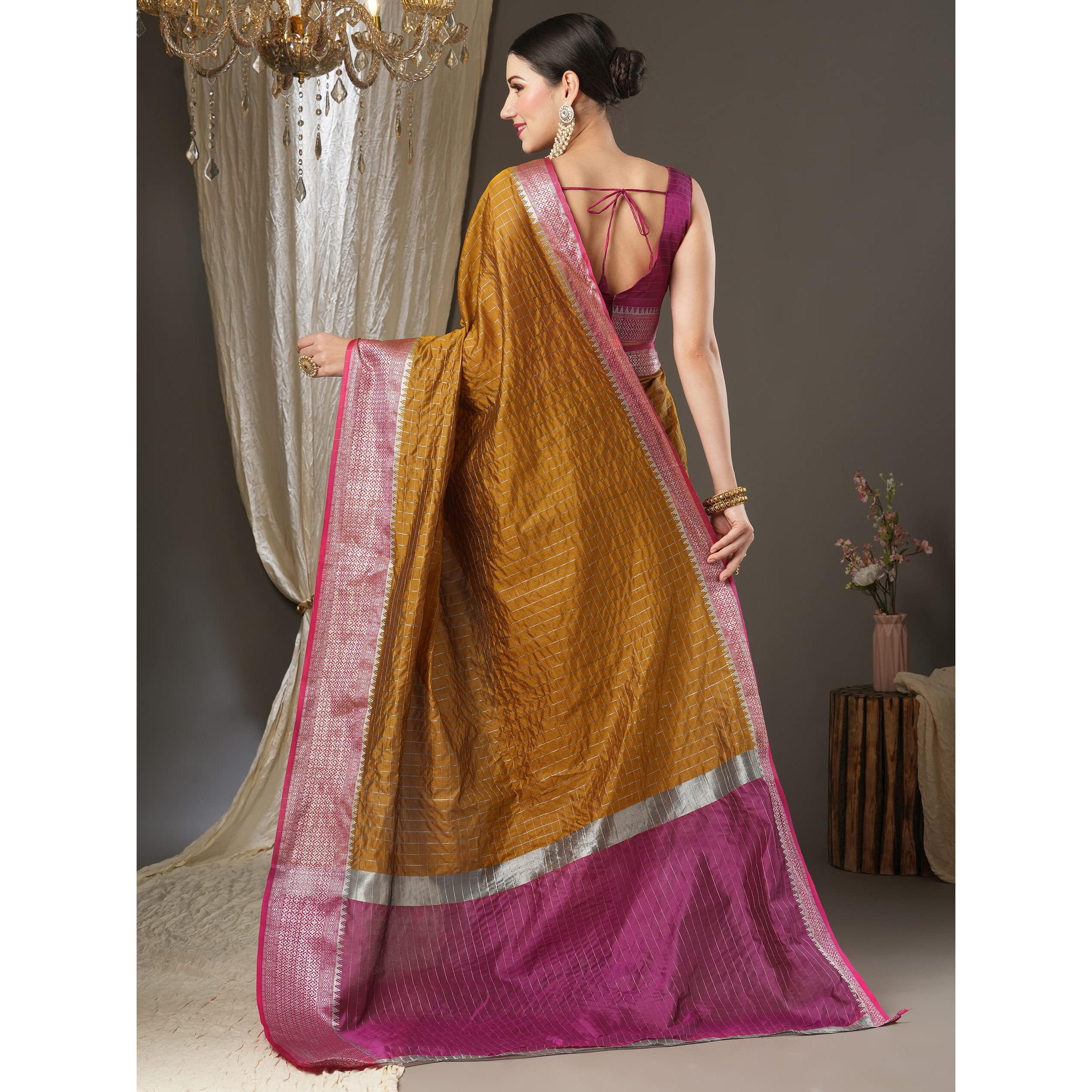 AKHILAM Womens Woven Design Aura Silk Taant Saree With Unstitched Blouse Piece (Mustard_11AURA1106)
