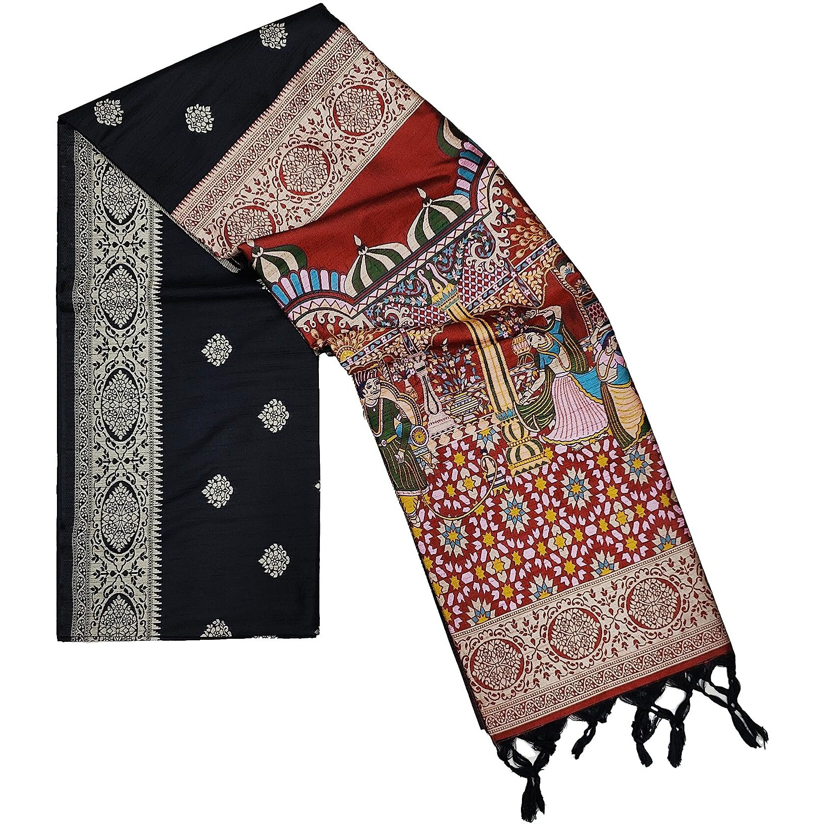 NK Textiles Womens Bride Groom Butta Design Woven With Heavy Pallu Handloom Raw Silk Saree With Tassels (25 Colors & Designs), Black