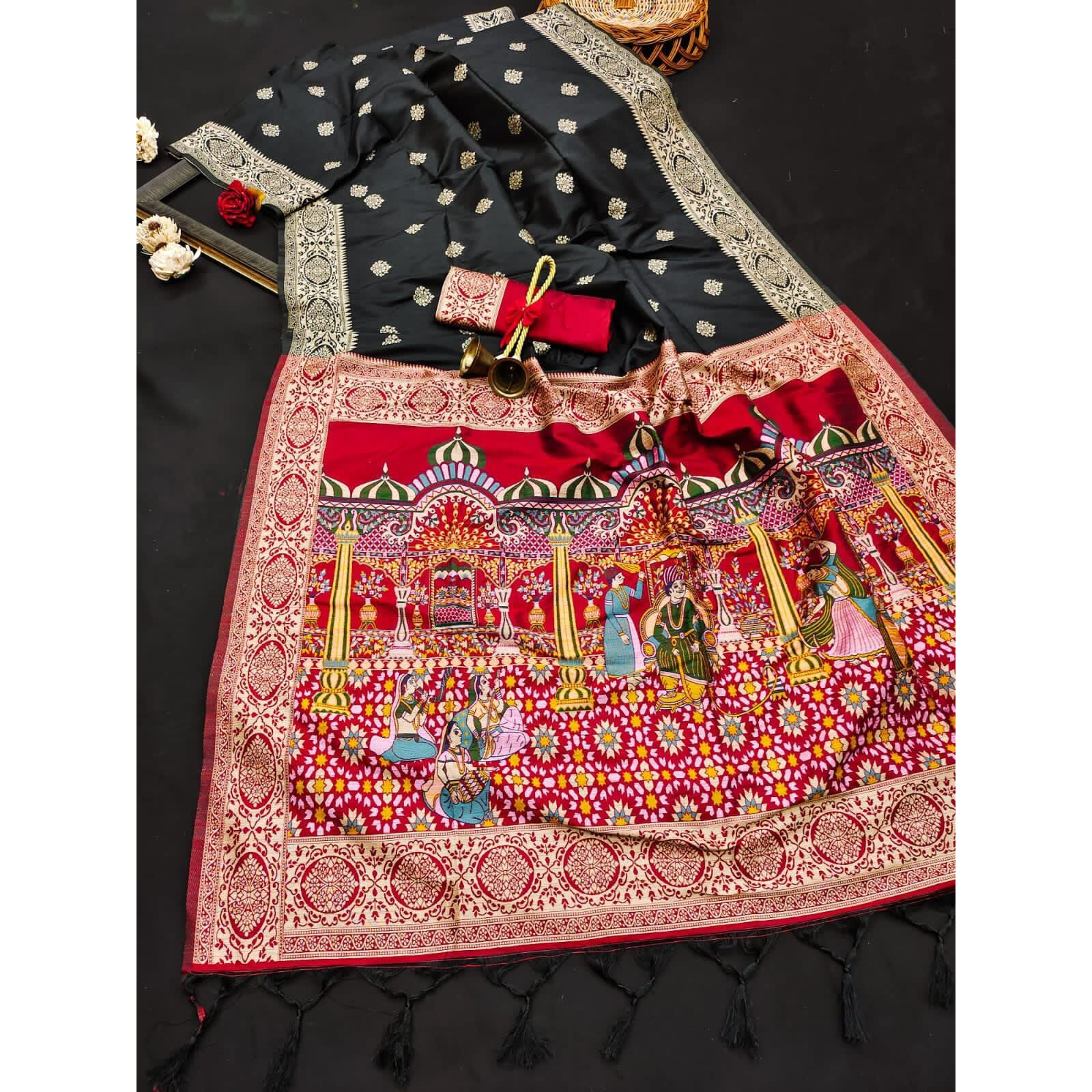 NK Textiles Womens Bride Groom Butta Design Woven With Heavy Pallu Handloom Raw Silk Saree With Tassels (25 Colors & Designs), Black